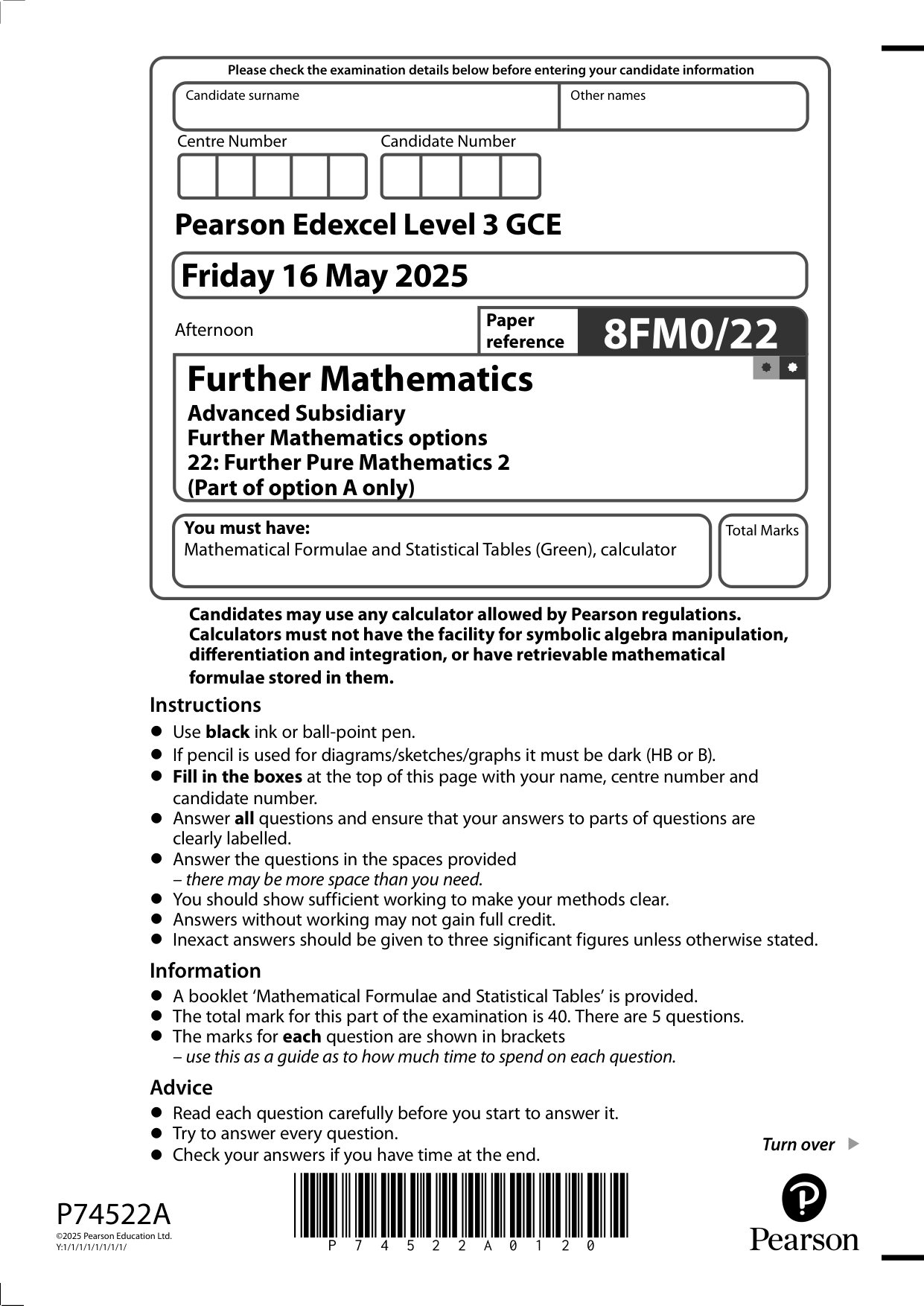 Pearson Edexcel AS Further Mathematics Paper 22 2025 QP