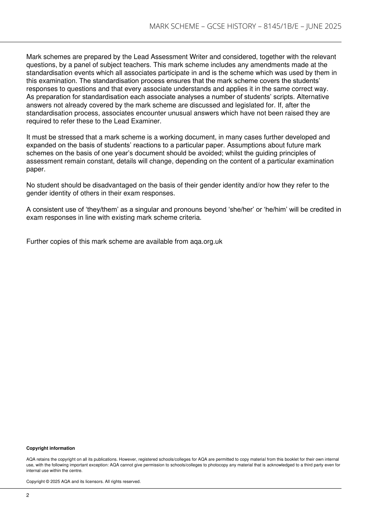 AQA GCSE History Paper 1B Section B/E 2025 Mark Scheme