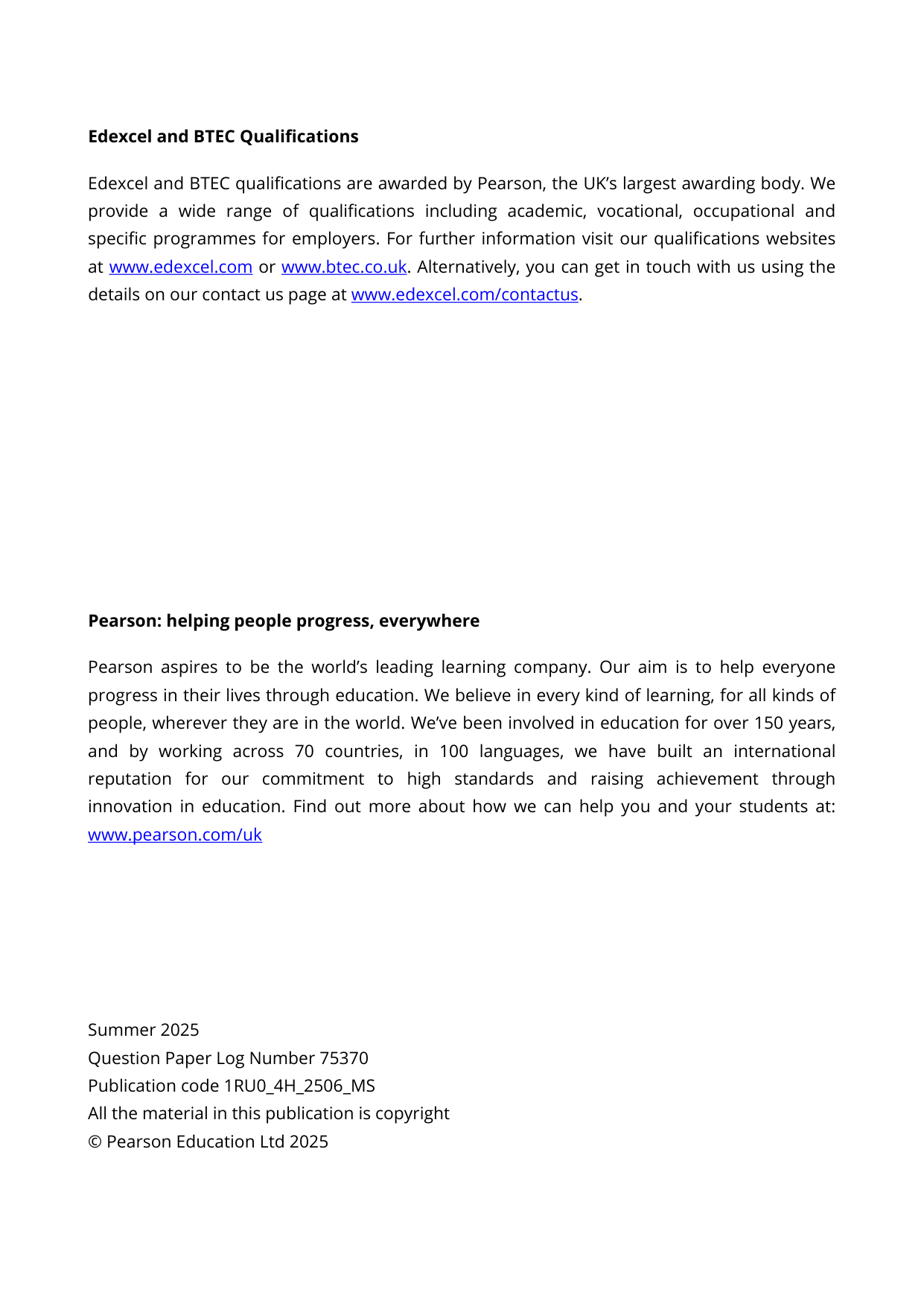 Pearson Edexcel GCSE Russian Paper 4H 2025 Mark Scheme