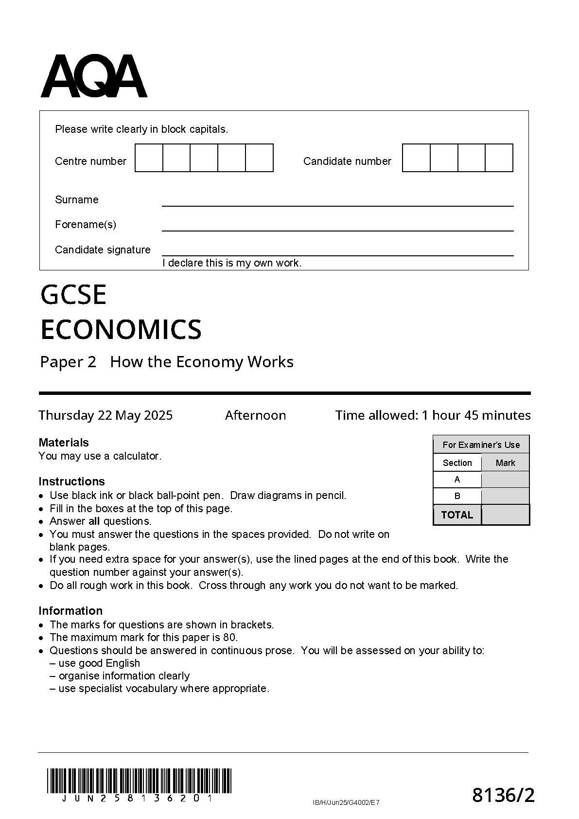 AQA GCSE Economics Paper 2 2025 QP PDF