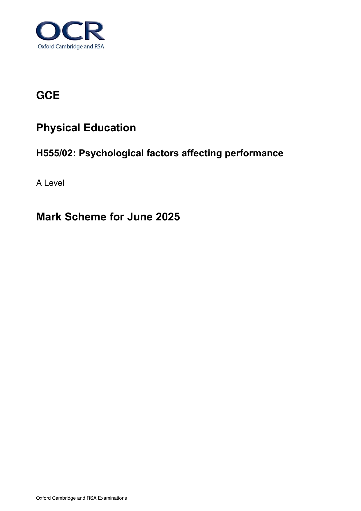 OCR A Level Physical Education Paper 2 2025 Mark Scheme PDF