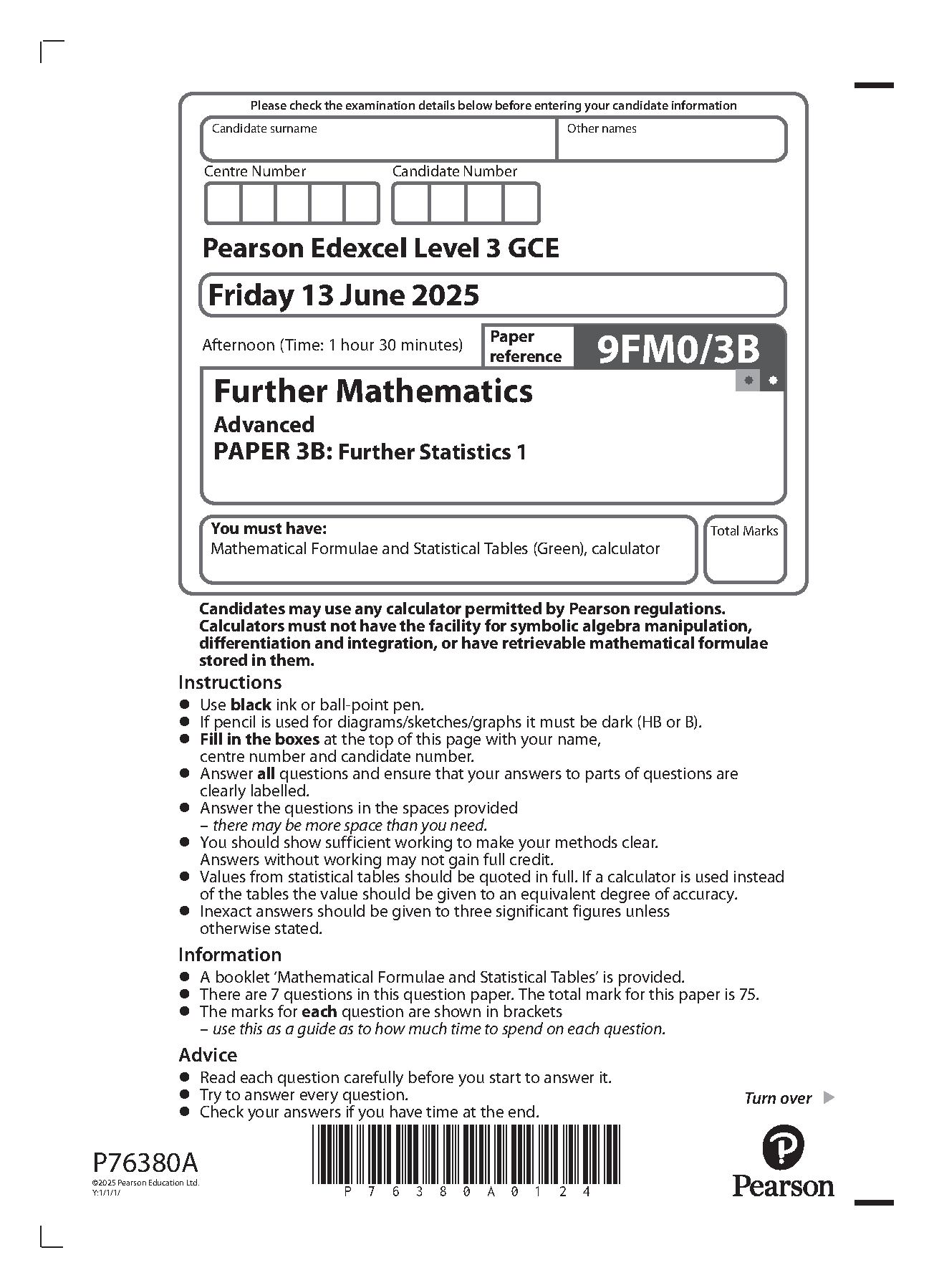 Pearson Edexcel A Level Further Mathematics Paper 3B 2025 QP IMG-1