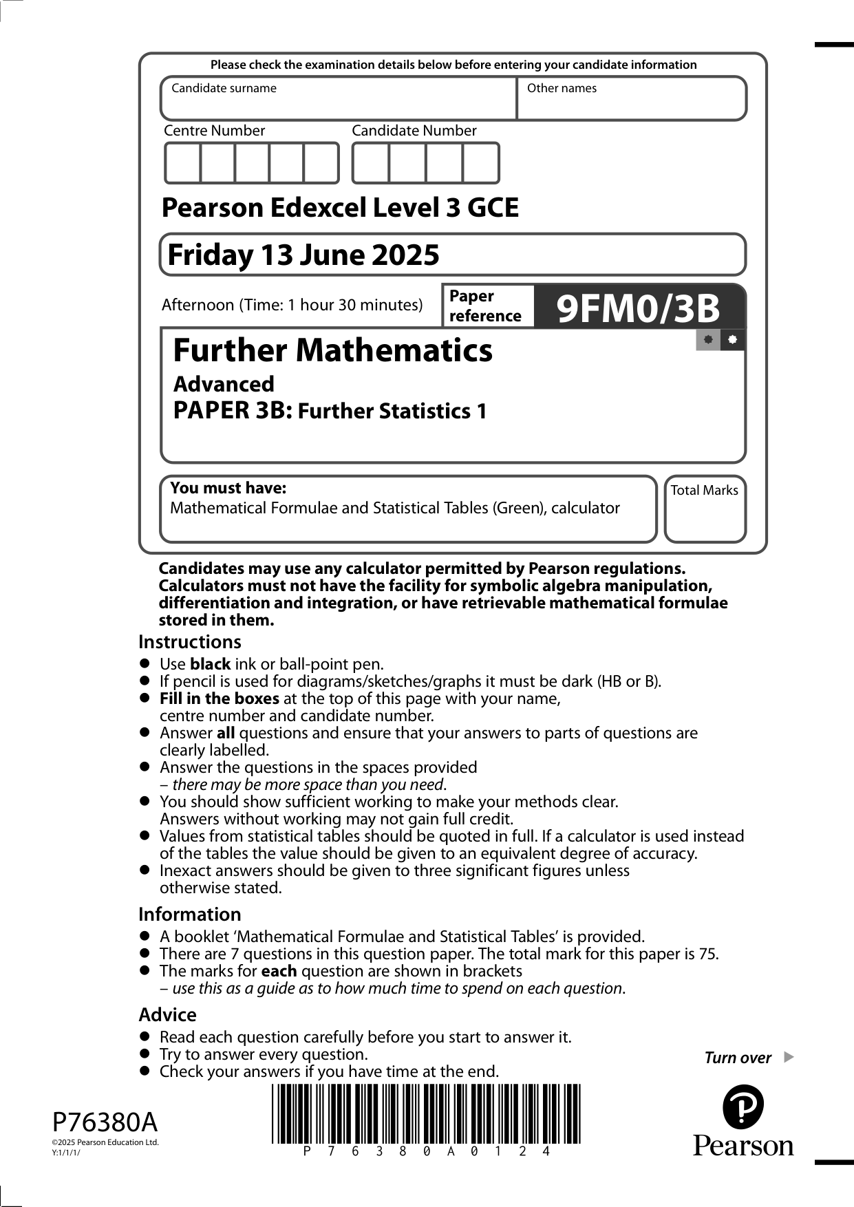 Pearson Edexcel A Level Further Mathematics Paper 3B 2025 QP