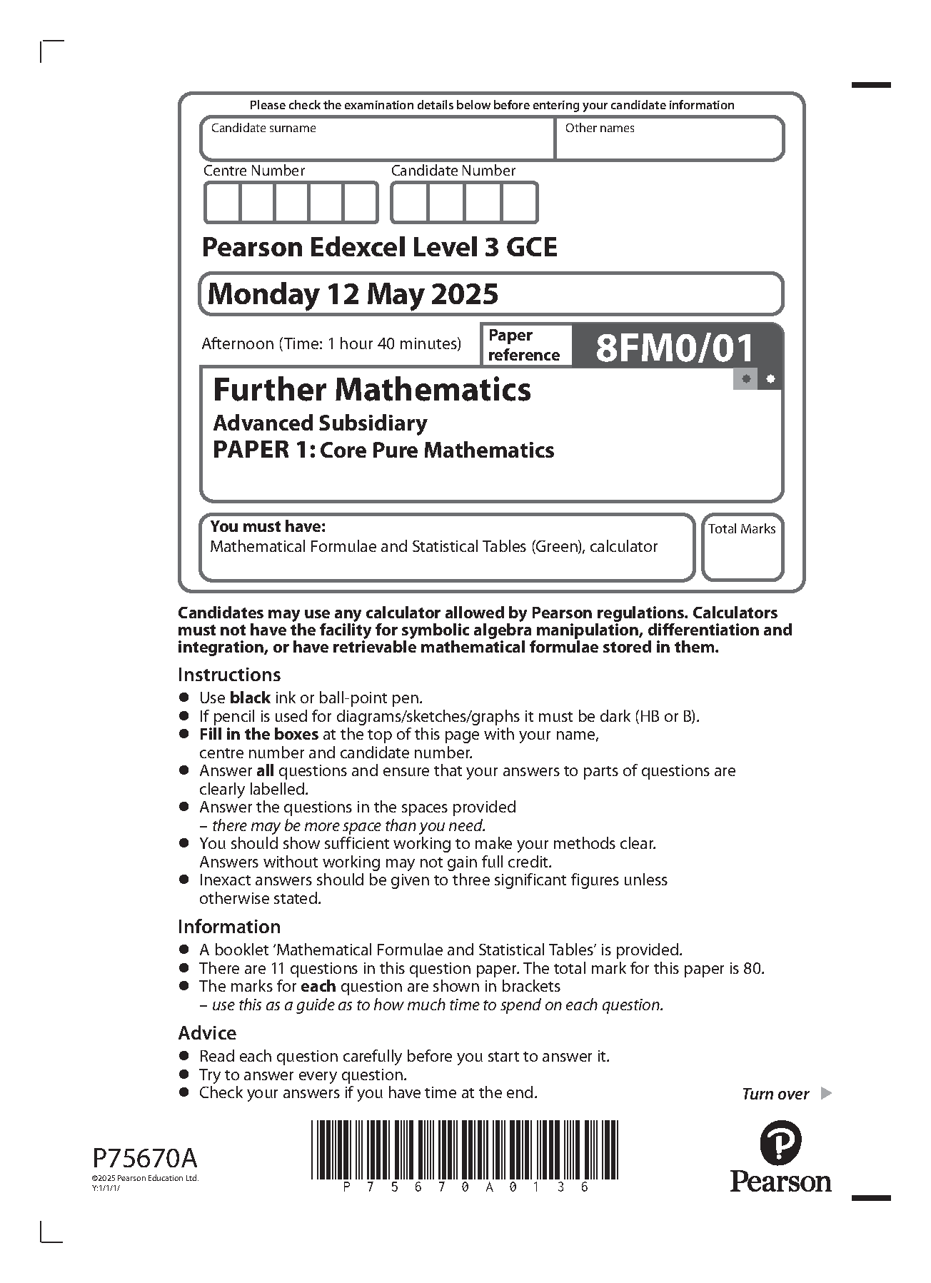 Pearson Edexcel AS Further Mathematics Paper 1 2025 QP IMG-1