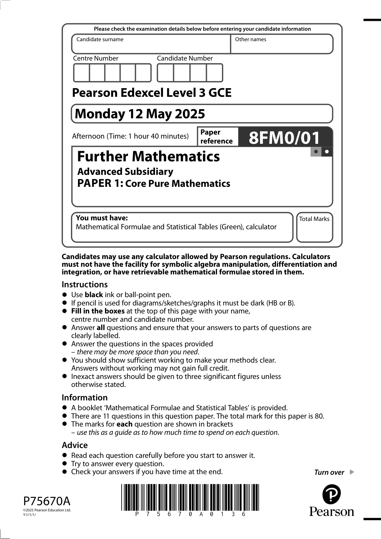 Pearson Edexcel AS Further Mathematics Paper 1 2025 QP