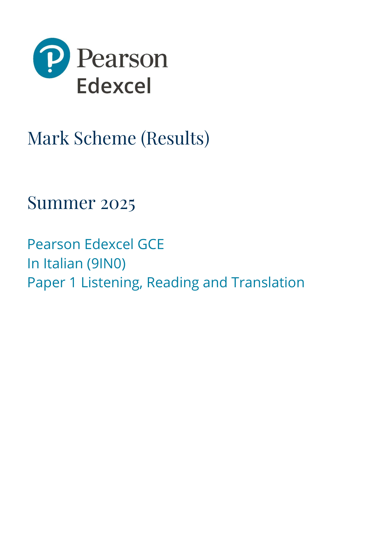 Pearson Edexcel A Level Italian Paper 1 2025 Mark Scheme