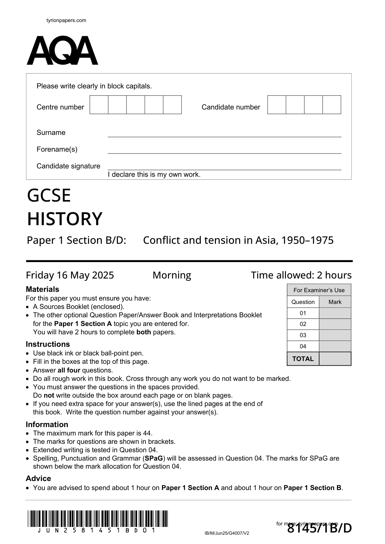 AQA GCSE History Paper 1B Section B/D 2025 Question Paper