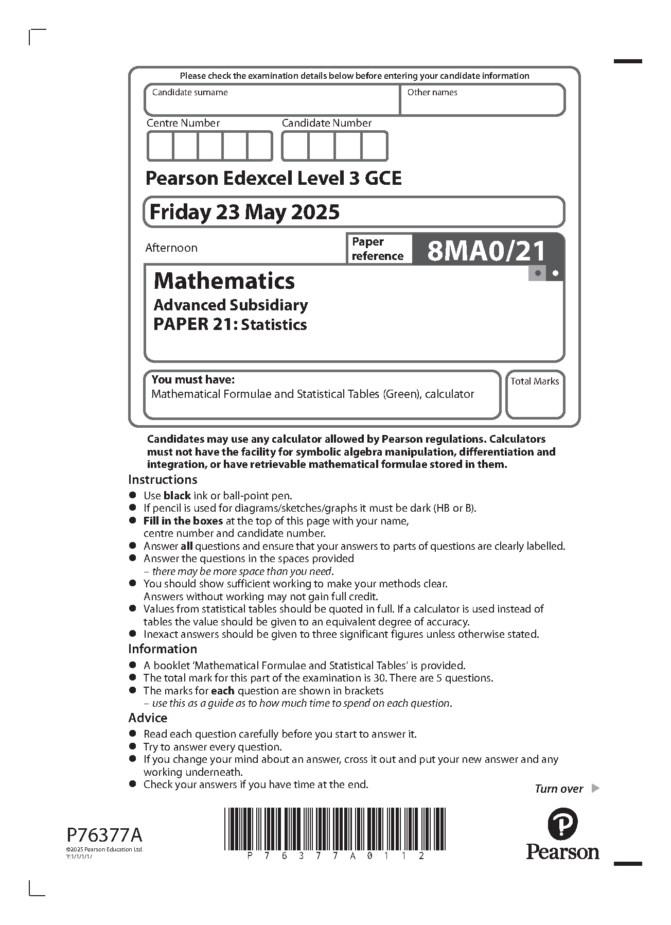 Pearson Edexcel AS Mathematics Paper 21 2025 Question Paper IMG-1