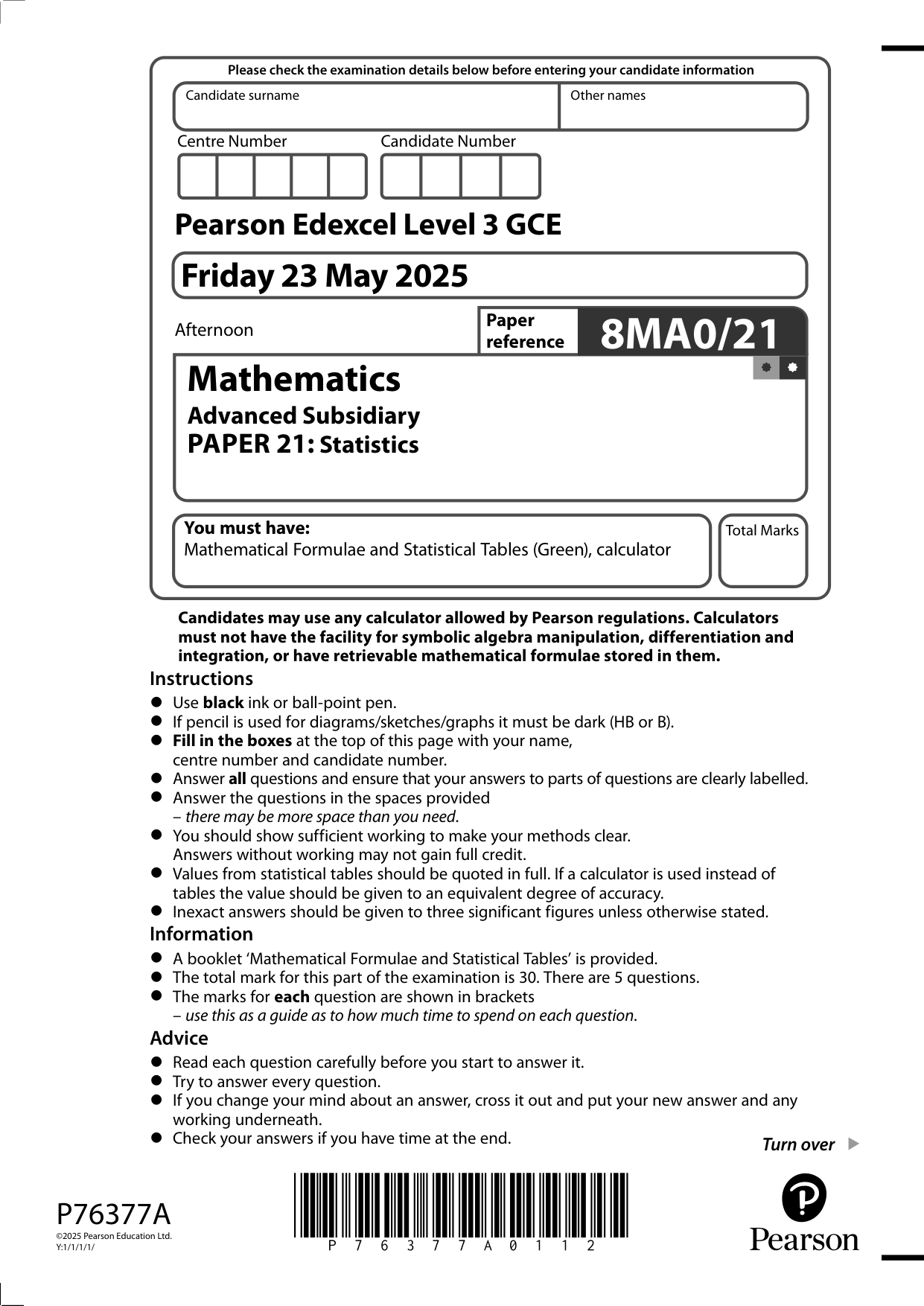 Pearson Edexcel AS Mathematics Paper 21 2025 Question Paper