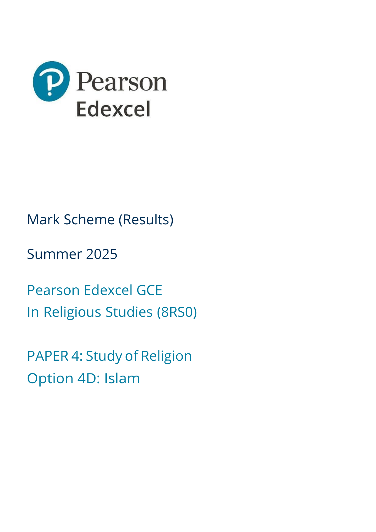 Pearson Edexcel AS Religious Studies Paper 4D 2025 Ms