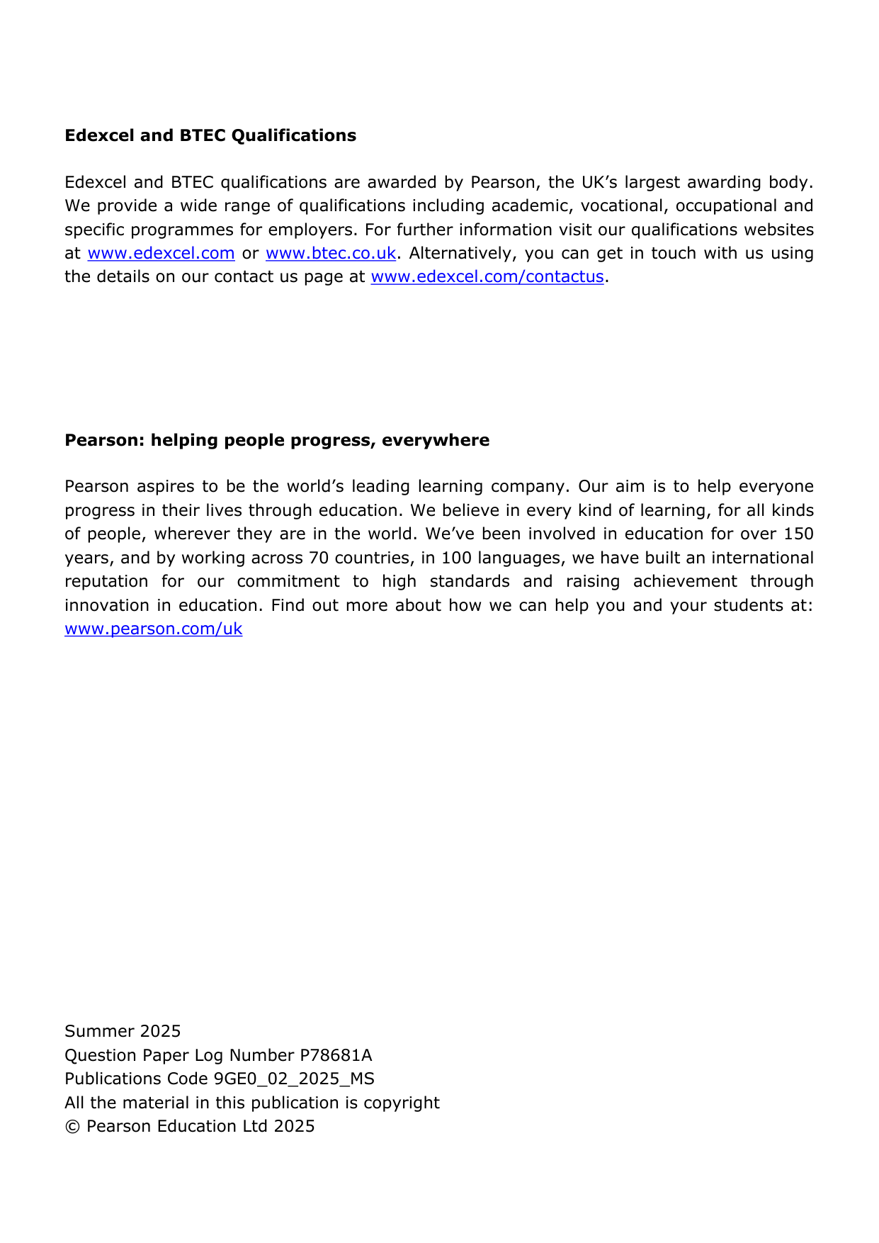 Pearson Edexcel A Level Geography 2025 Paper 2 Mark Scheme