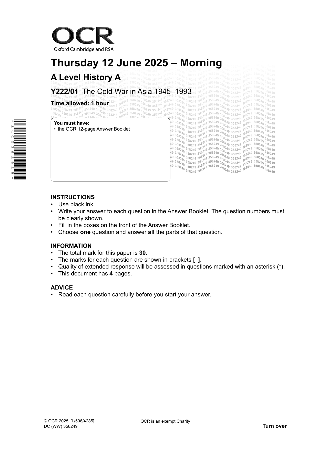 OCR A Level History A Cold War Asia 2025 Question Paper