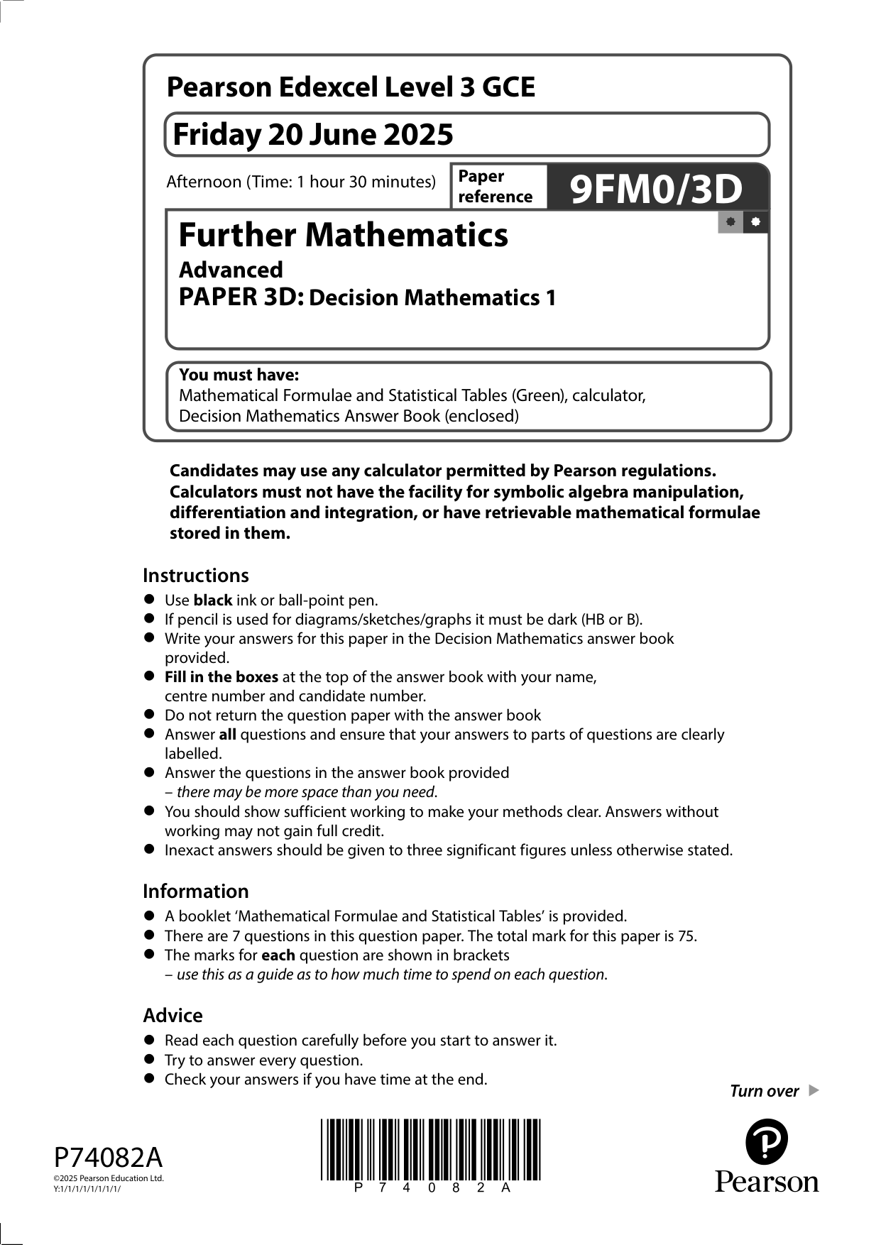 Pearson Edexcel A Level Further Mathematics Paper 3D 2025 QP