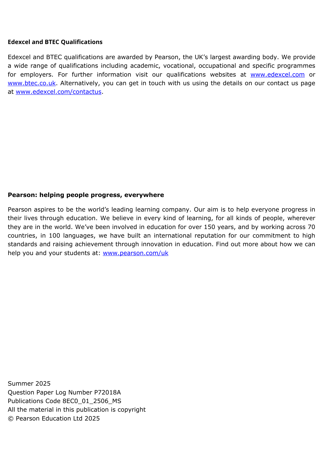 Pearson Edexcel AS Economics A Paper 1 2025 Mark scheme