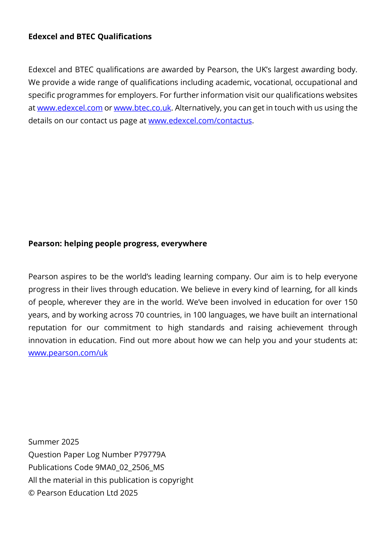 Pearson Edexcel A Level Mathematics Paper 2 2025 Ms PDF