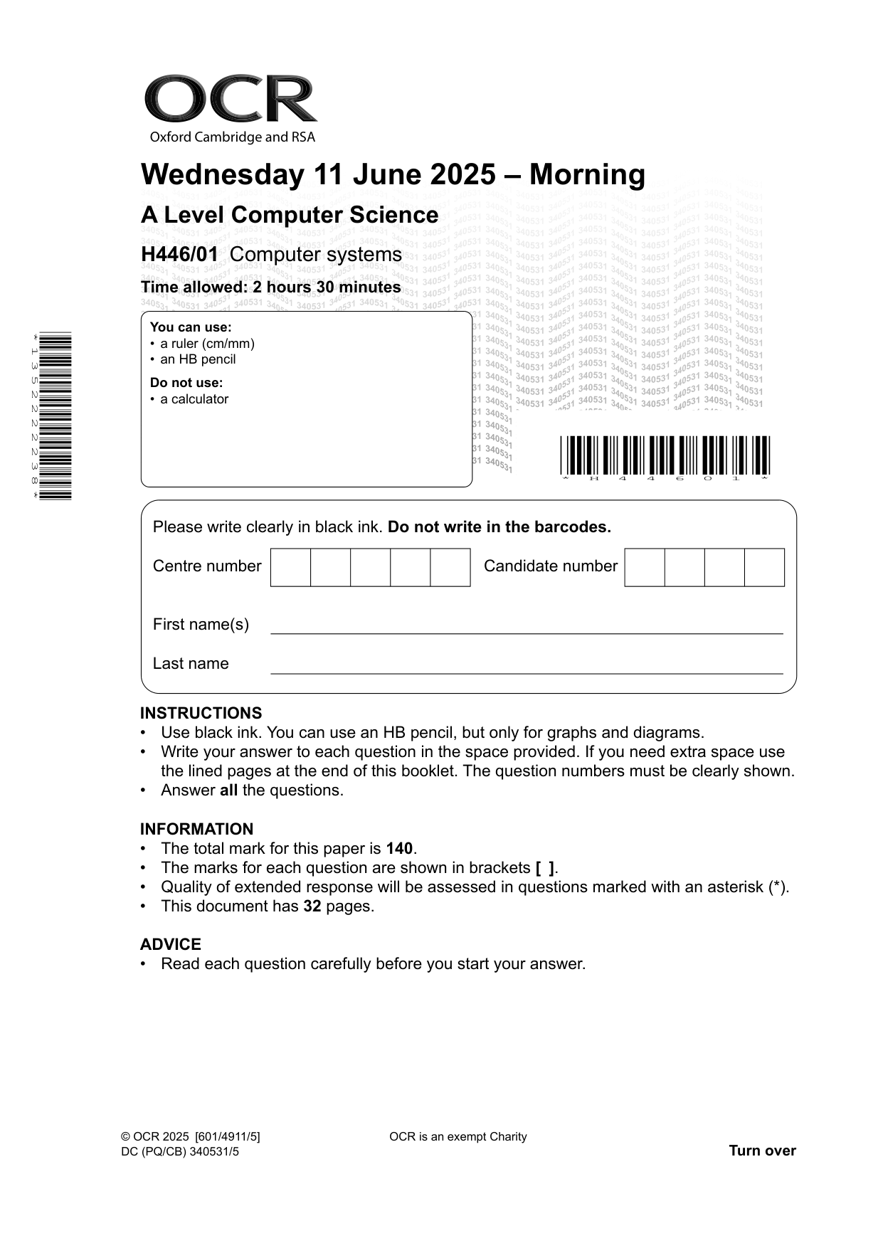 OCR A Level Computer Science Paper 1 Question Paper