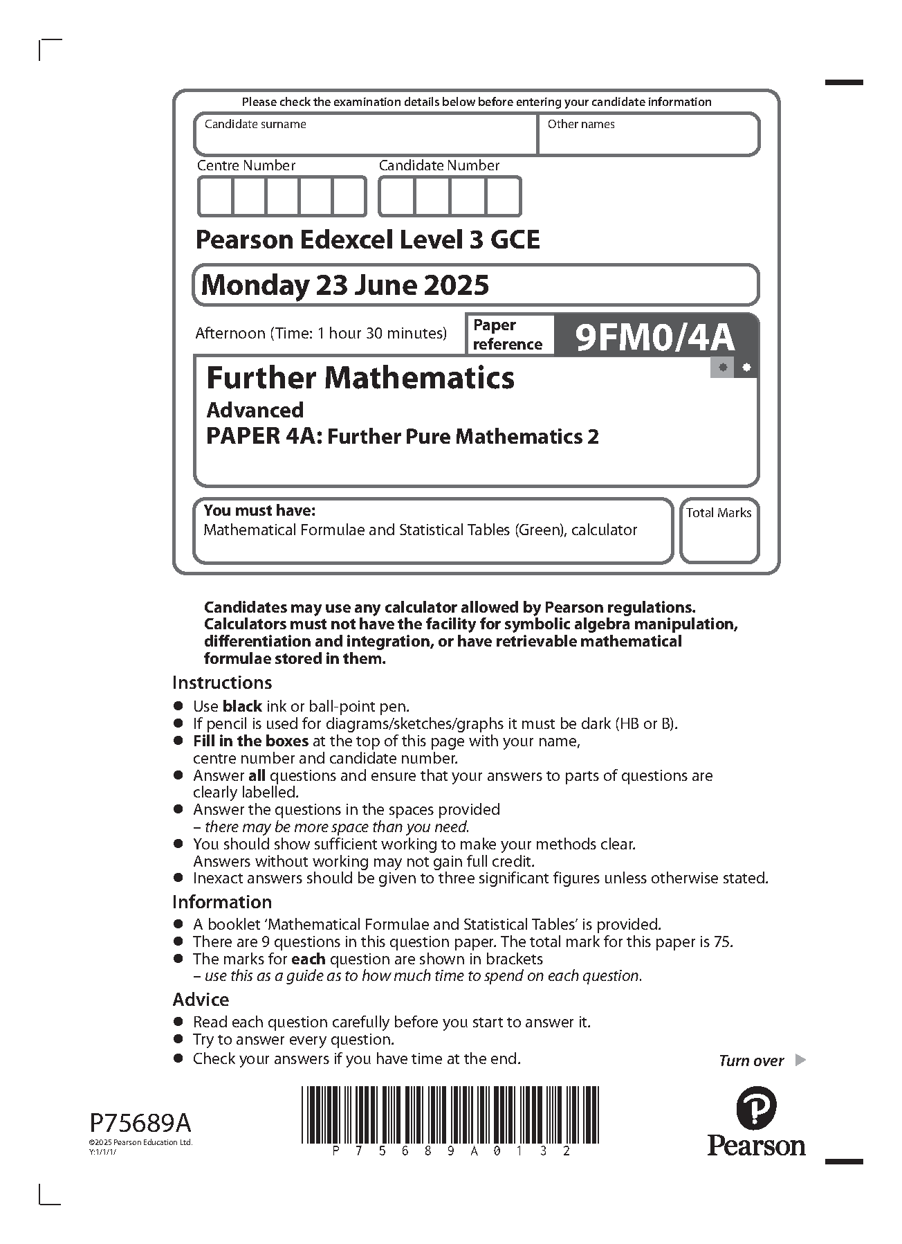 Pearson Edexcel A Level Further Mathematics Paper 4A 2025 QP IMG-1