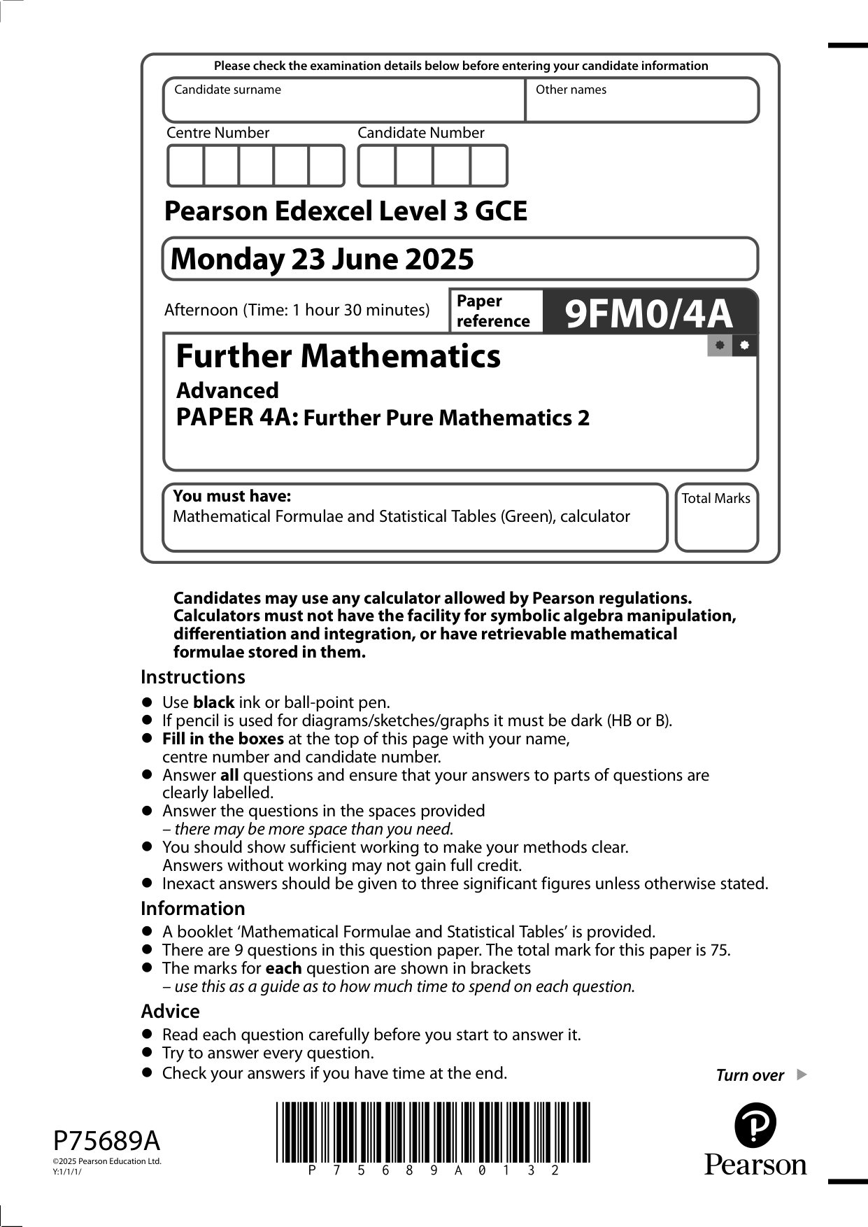 Pearson Edexcel A Level Further Mathematics Paper 4A 2025 QP