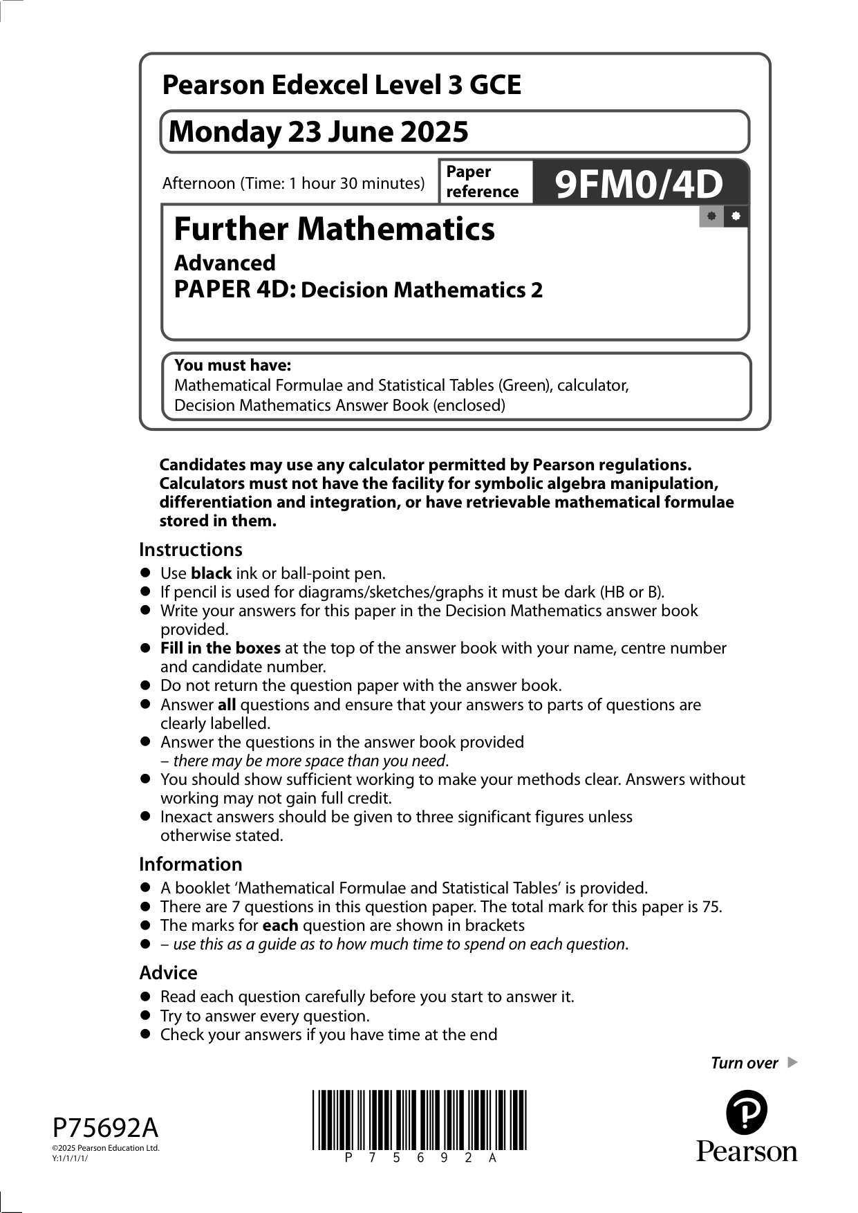 Pearson Edexcel A Level Further Mathematics Paper 4D 2025 QP