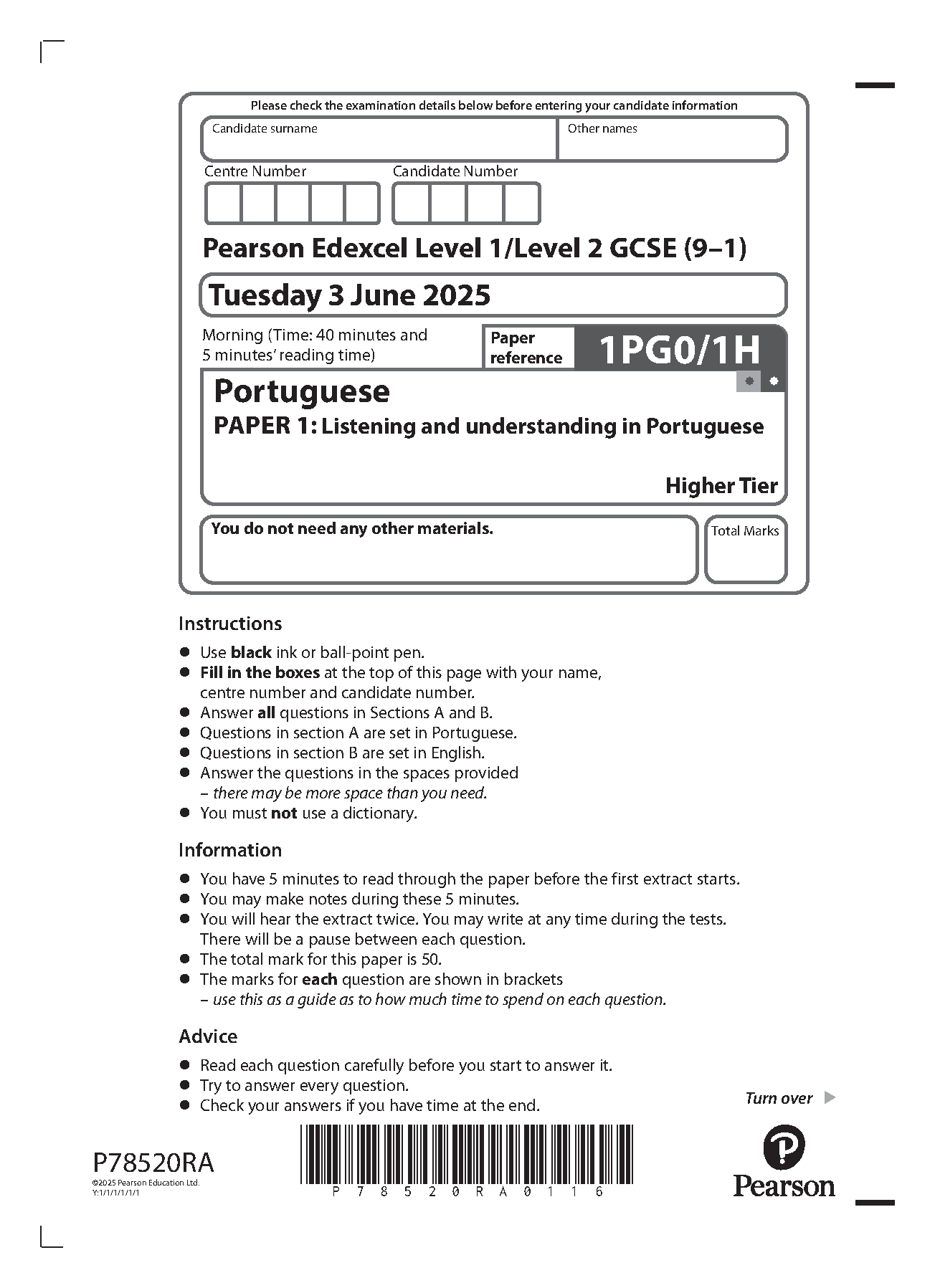 Pearson Edexcel GCSE Portuguese Paper 1H 2025 Question Paper IMG-1