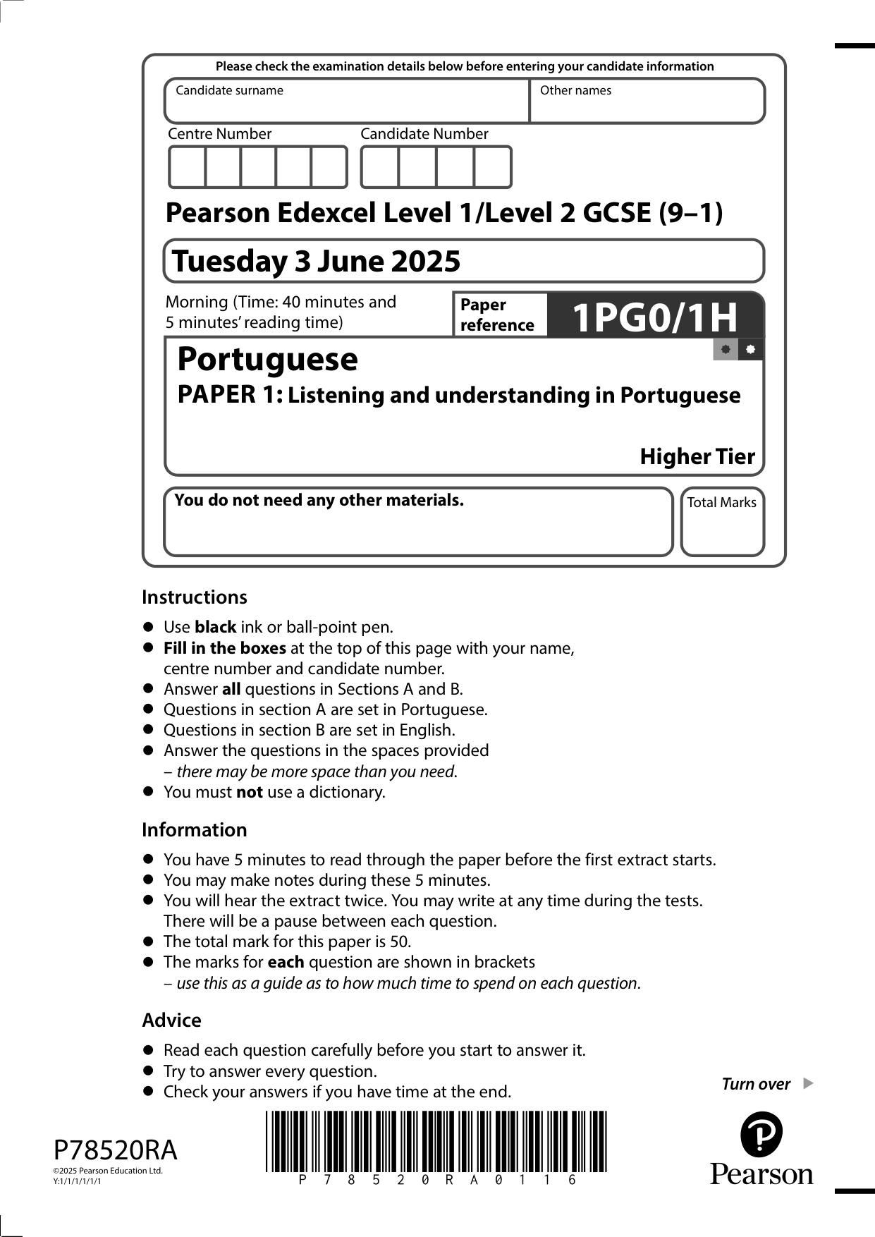 Pearson Edexcel GCSE Portuguese Paper 1H 2025 Question Paper