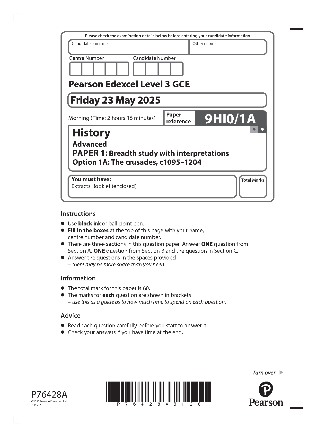 Pearson Edexcel A Level History Paper 1A 2025 Question Paper IMG-1