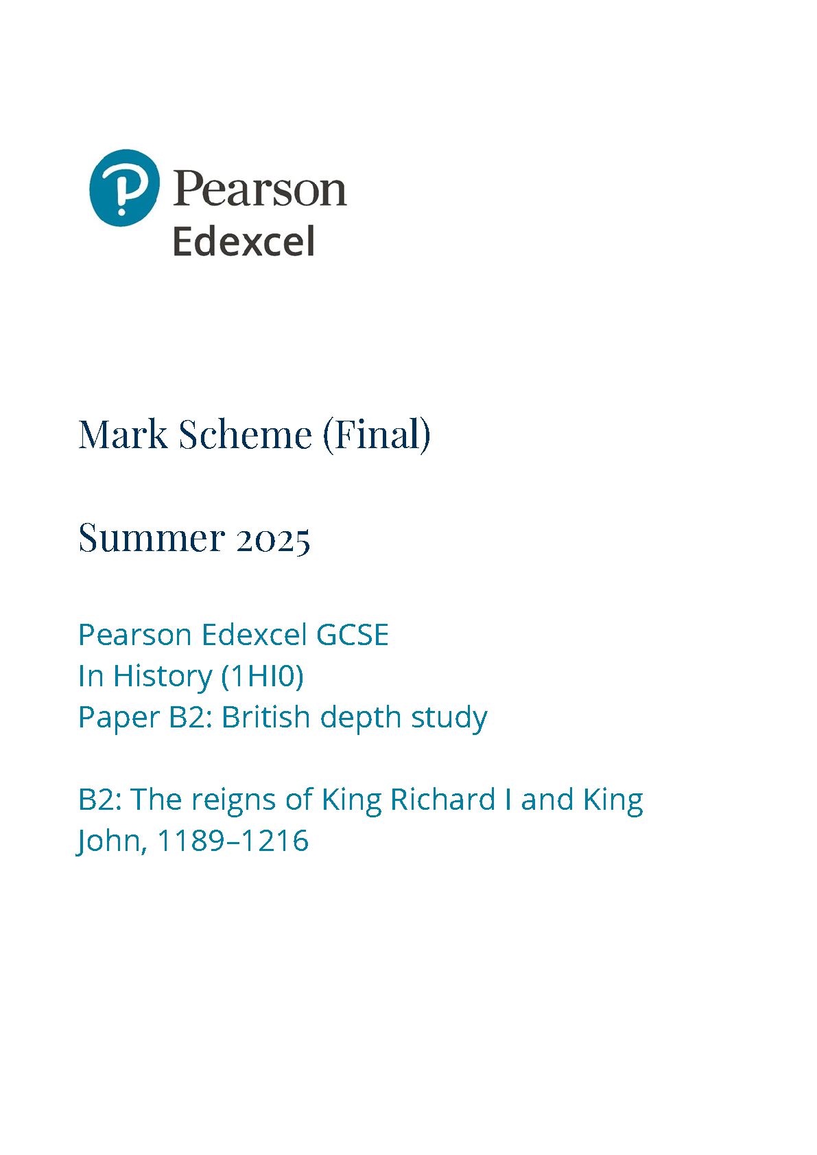Pearson Edexcel GCSE History Paper B2 2025 Mark Scheme IMG-1
