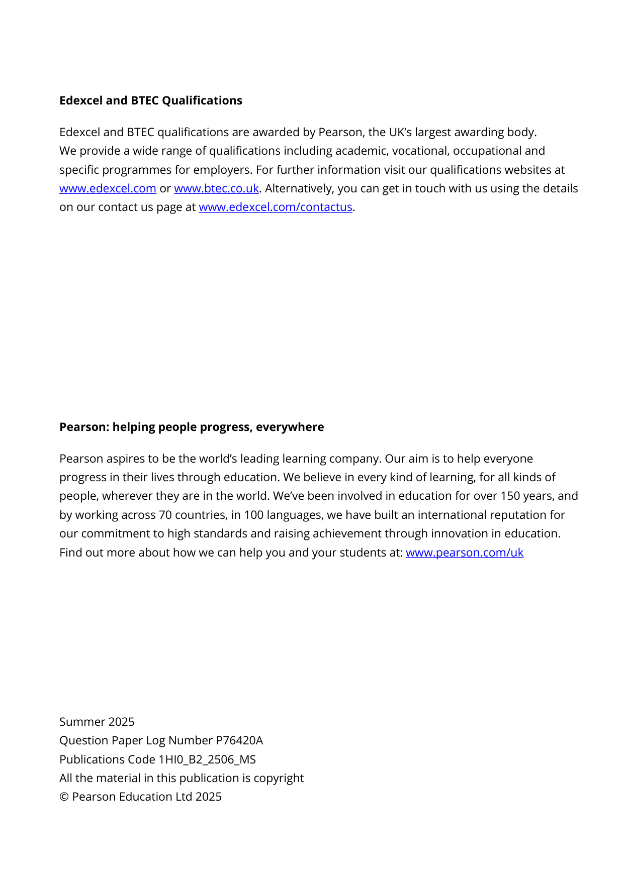 Pearson Edexcel GCSE History Paper B2 2025 Mark Scheme