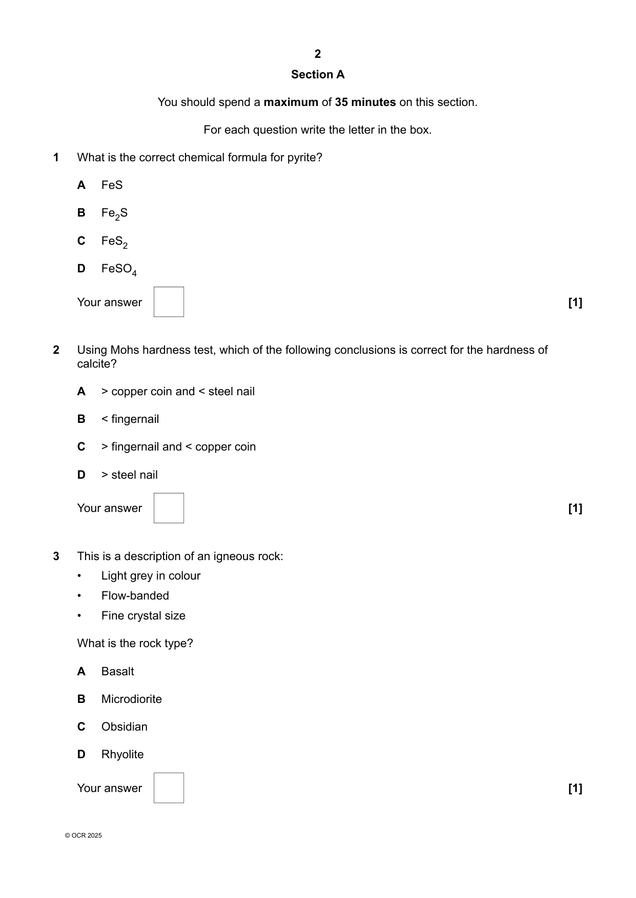 OCR A Level Geology Paper 1 2025 Question Paper