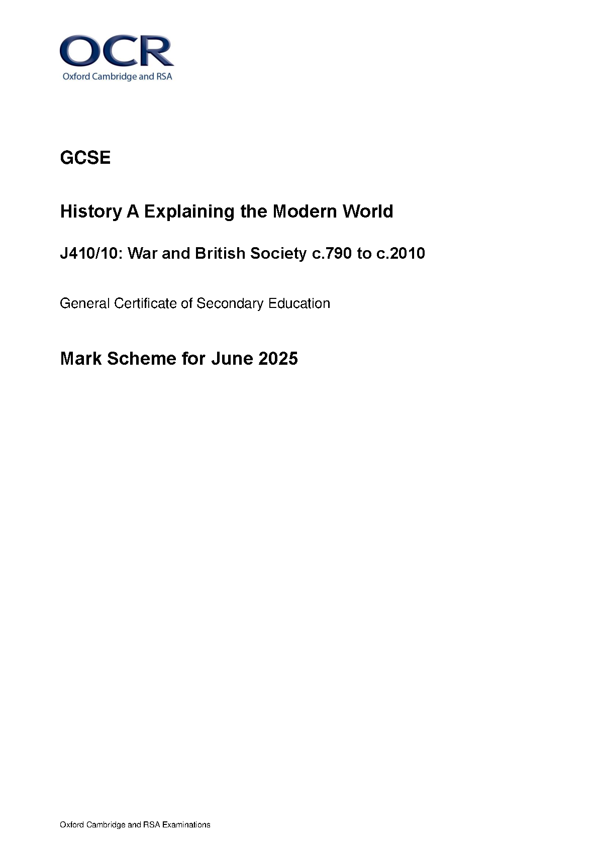 OCR GCSE History Paper 10 2025 Mark Scheme