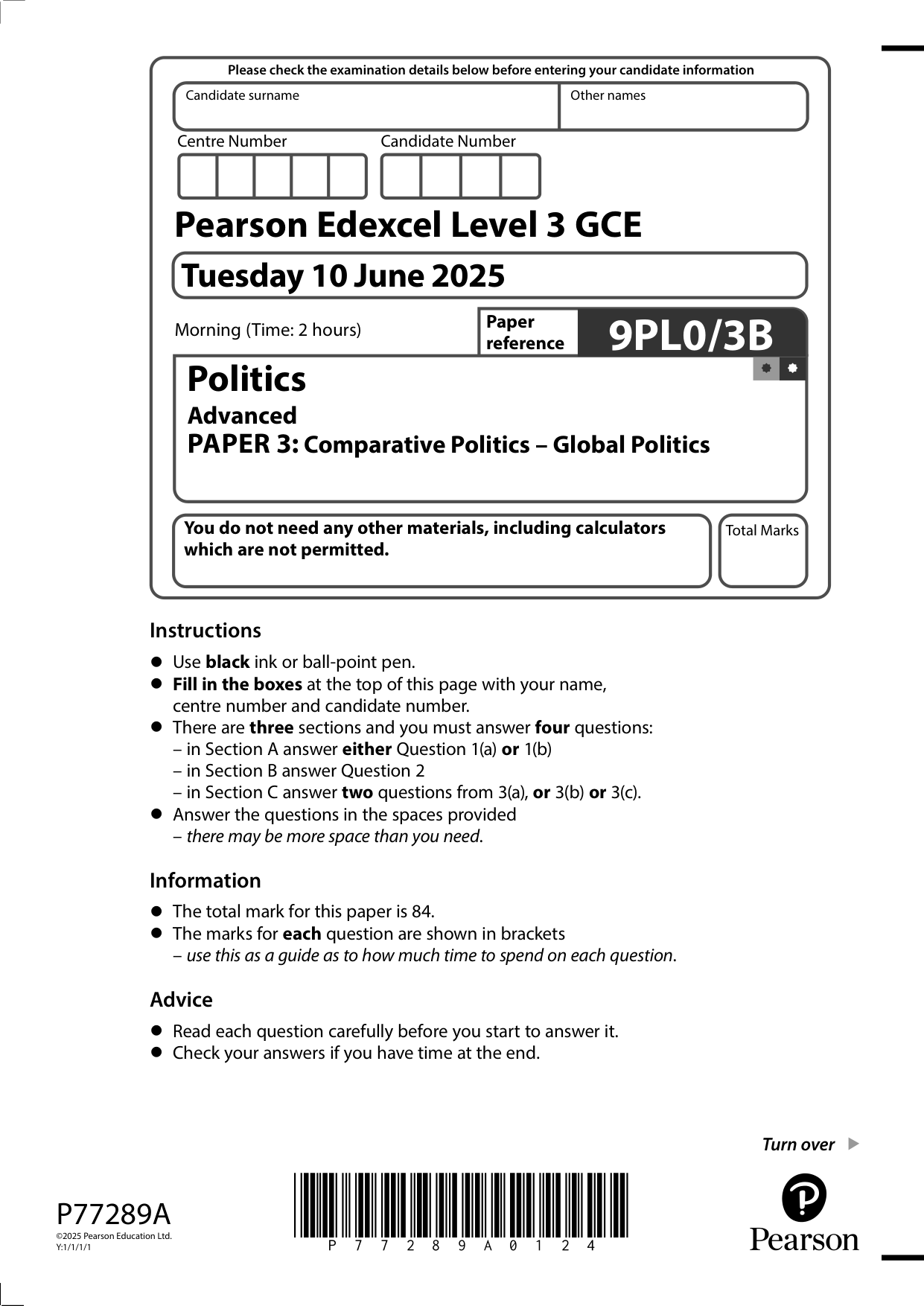 Pearson Edexcel A Level Politics 2025 Paper 3B QP