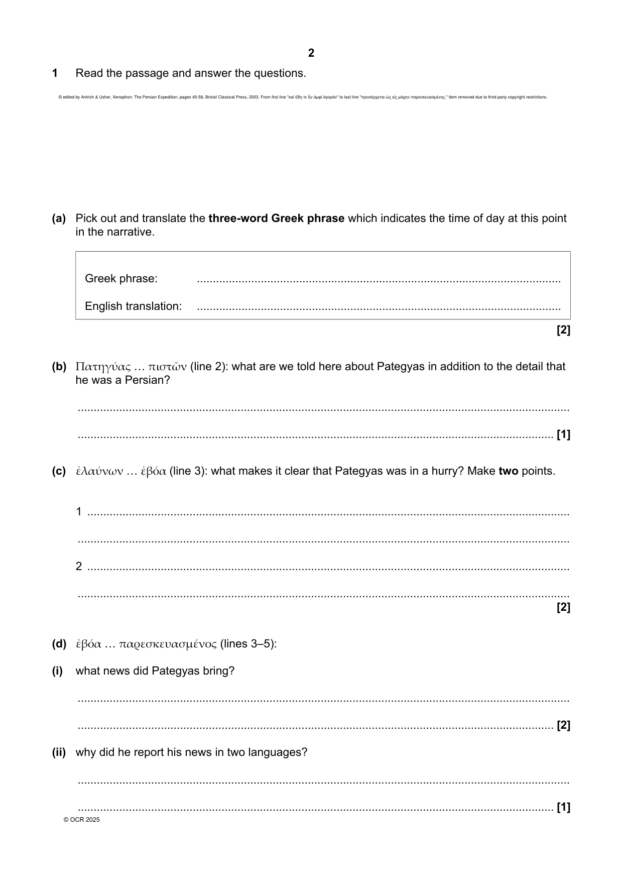 OCR GCSE Classical Greek Paper 3 2025 Question Paper