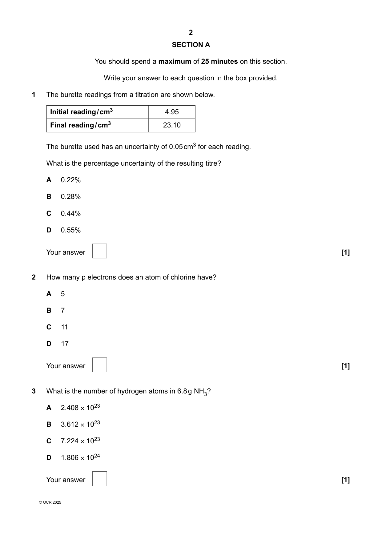 OCR AS Level Chemistry A Paper 1 2025 Question Paper