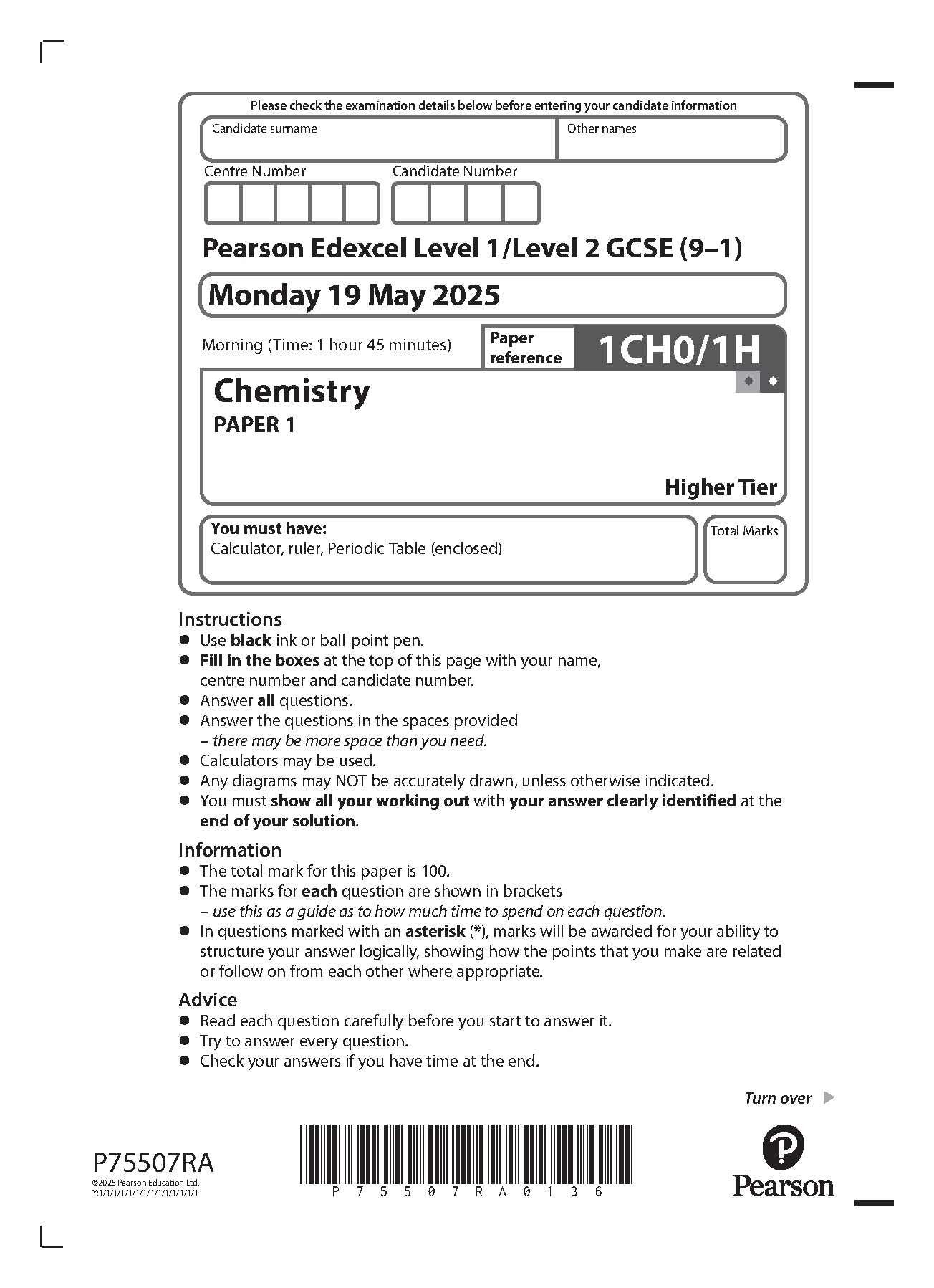Pearson Edexcel GCSE Chemistry Paper 1H 2025 Question Paper IMG-1