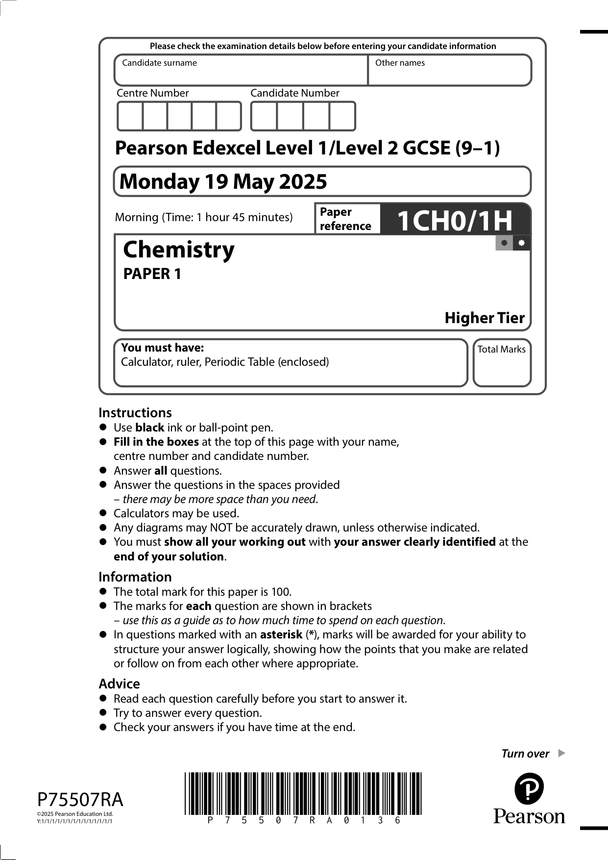 Pearson Edexcel GCSE Chemistry Paper 1H 2025 Question Paper