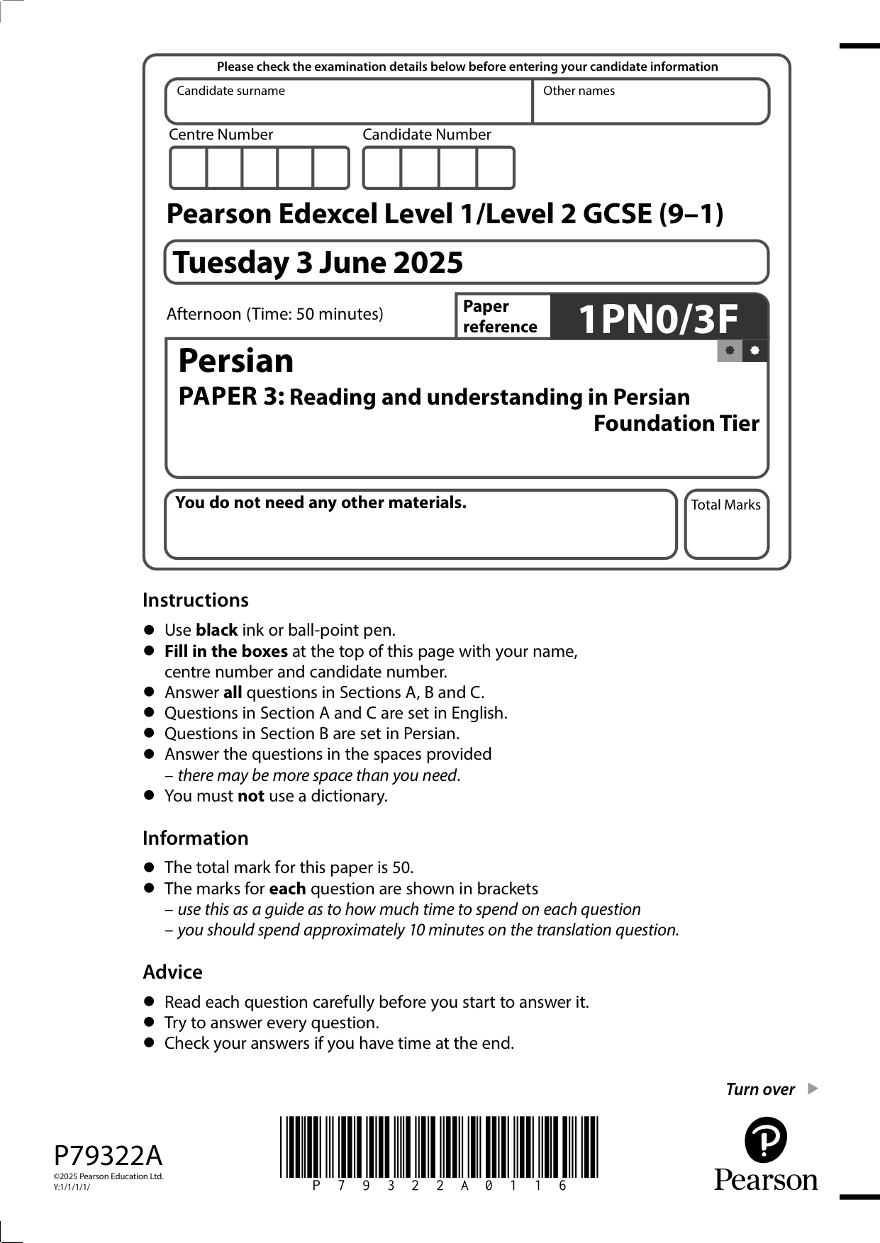 Pearson Edexcel GCSE Persian Paper 3F 2025 Question Paper