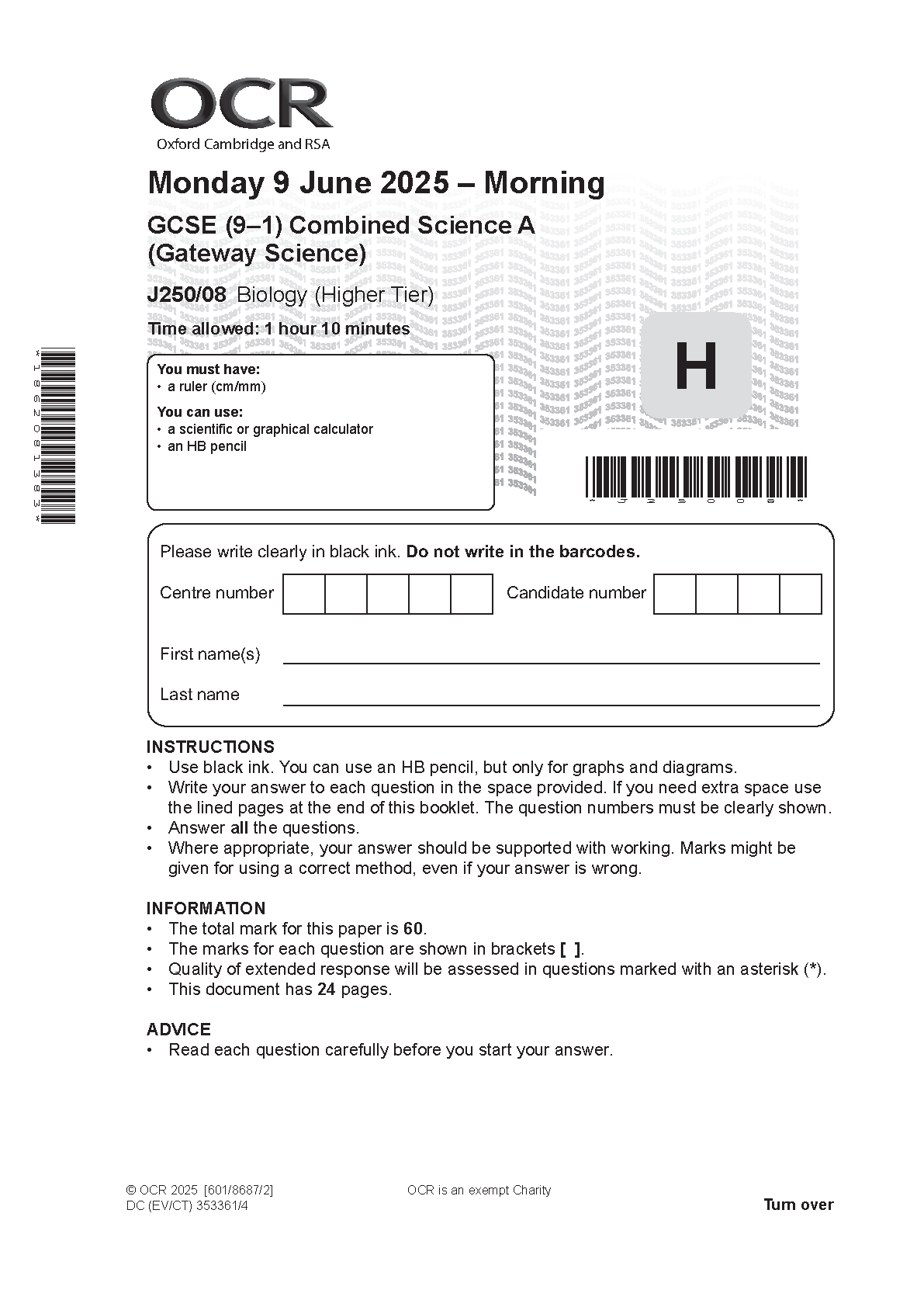 OCR GCSE Combined Science Biology Paper 8 2025 QP PDF