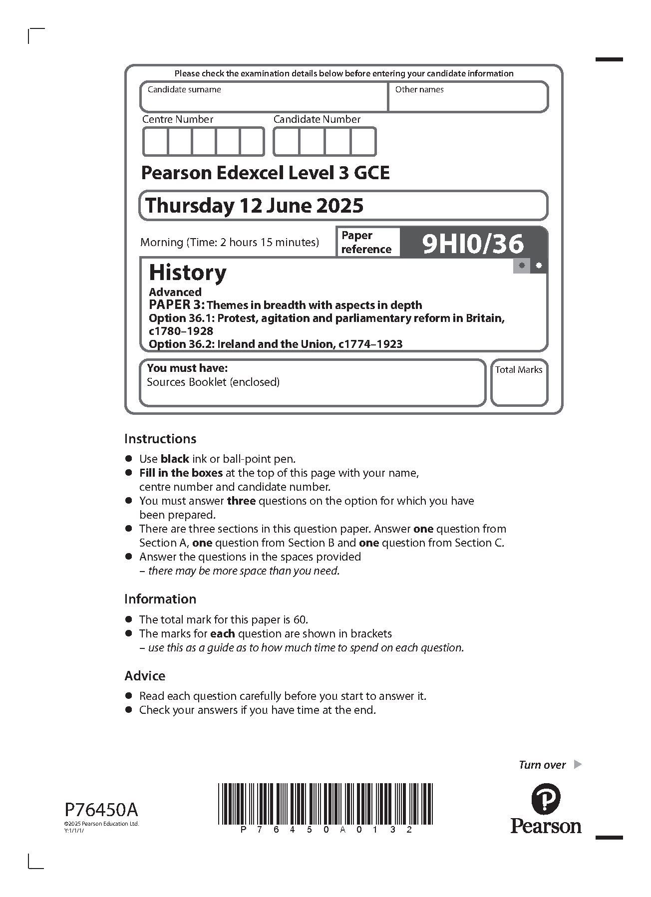 Pearson Edexcel A Level History Paper 36 2025 QP PDF IMG-1