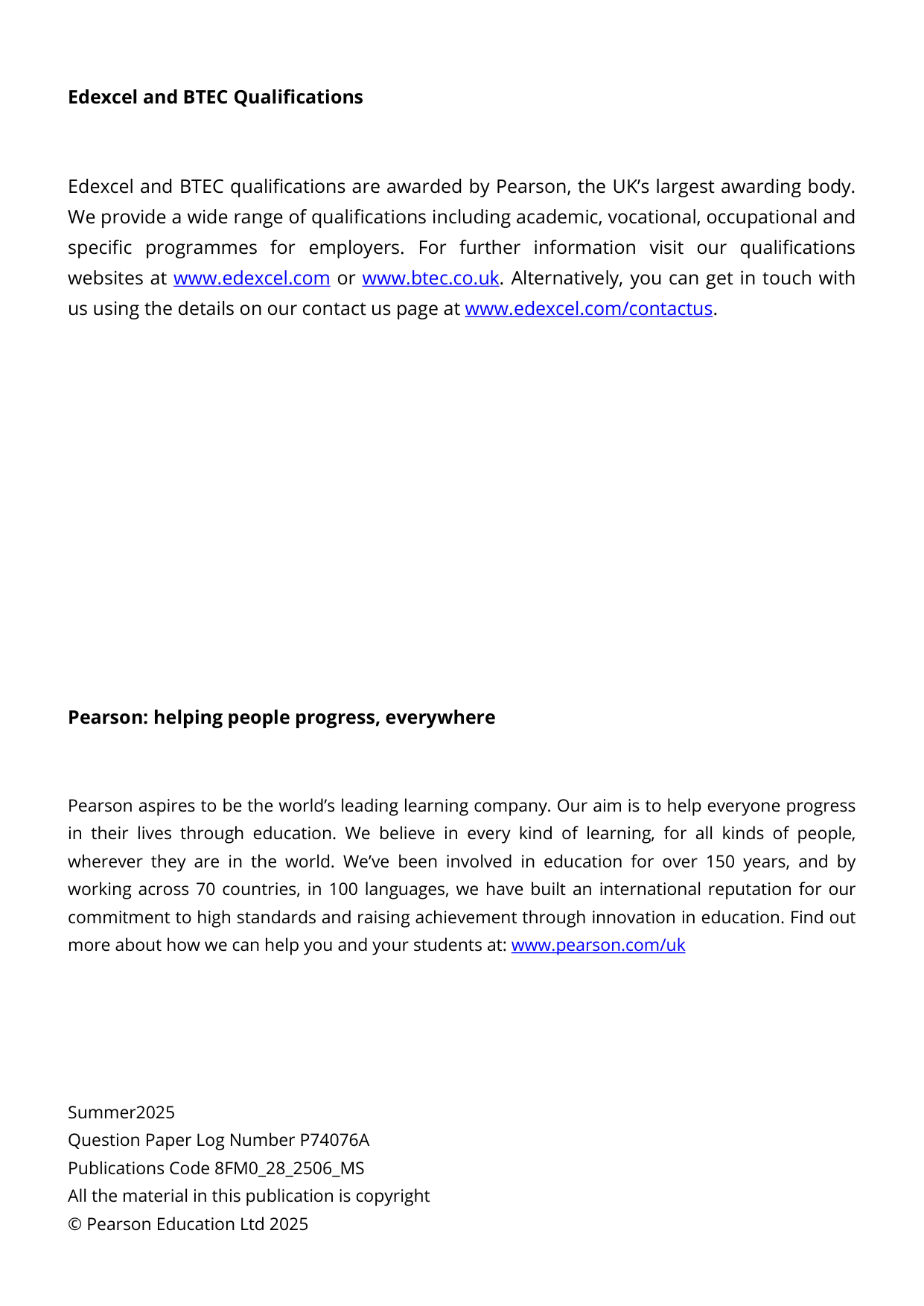 Pearson Edexcel AS Further Mathematics Paper 28 2025 Ms