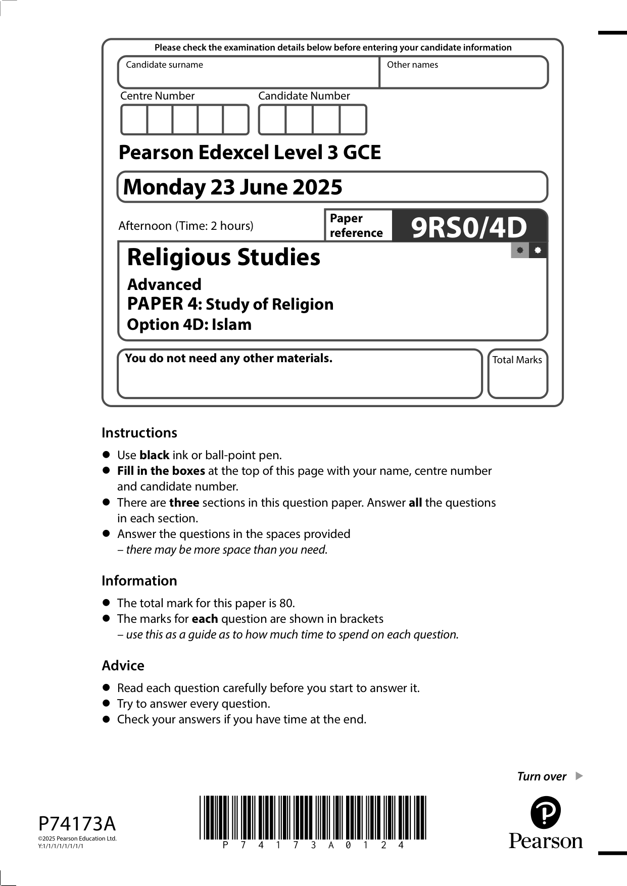 Pearson Edexcel A Level Religious Studies Paper 4D 2025 QP
