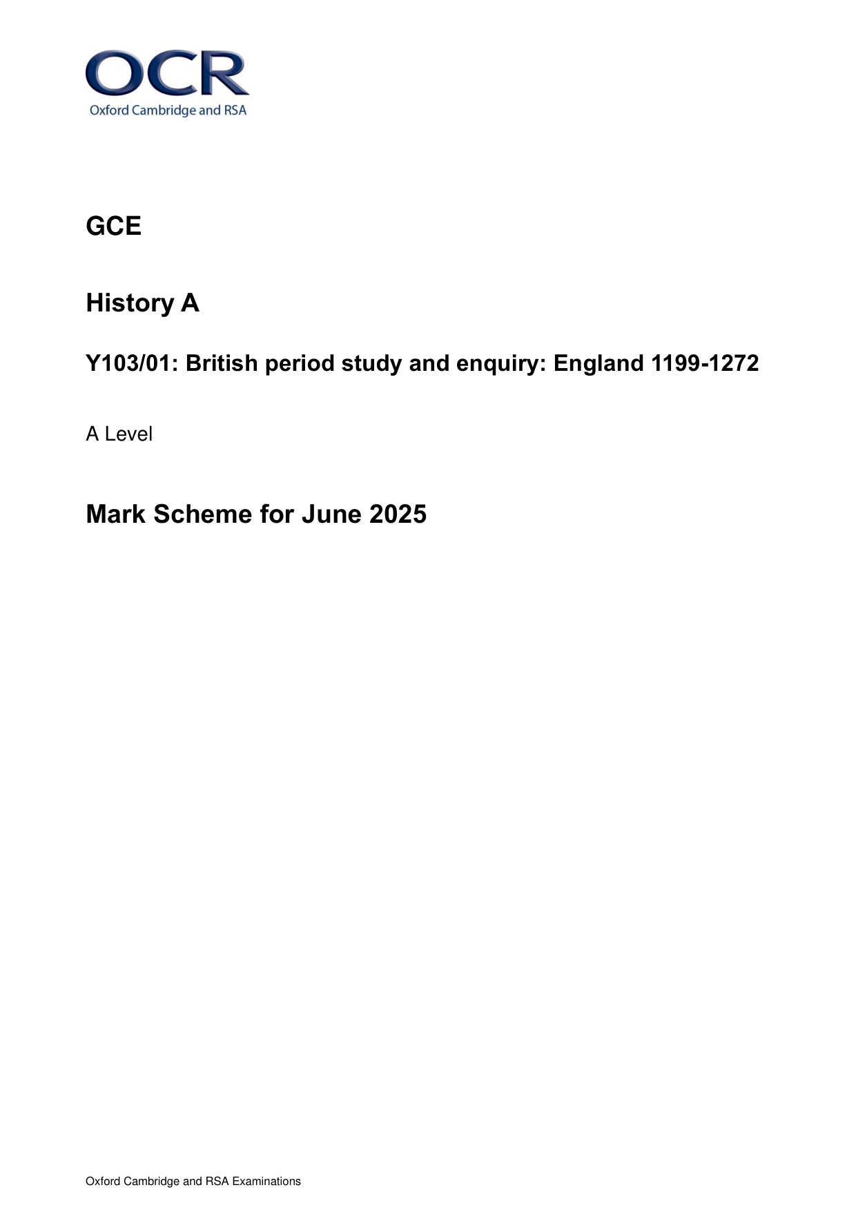 OCR A Level History A England 1199-1272 2025 Mark Scheme