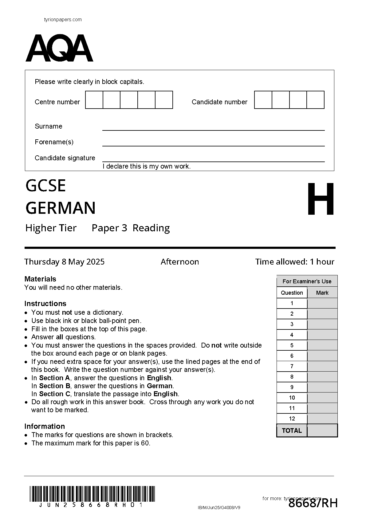 AQA GCSE German Paper 3H 2025 Reading QP IMG-1