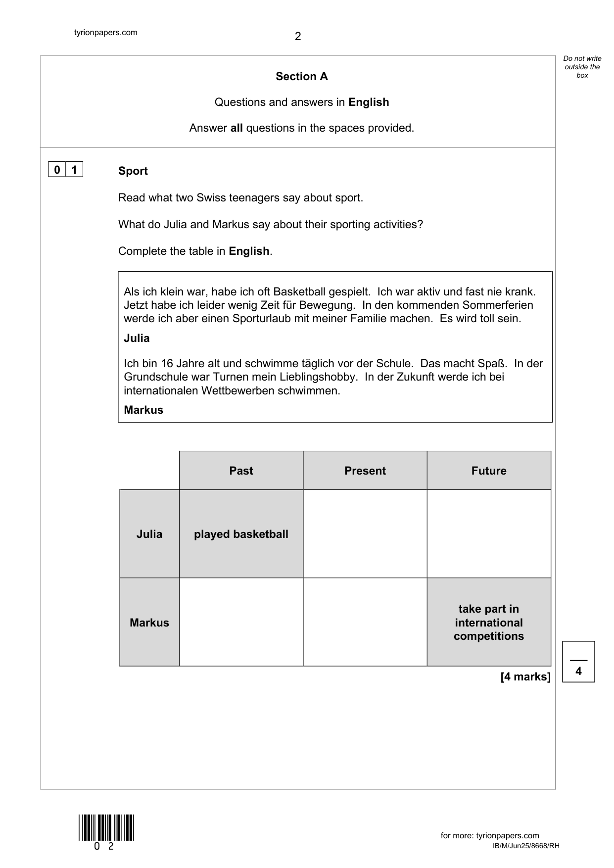 AQA GCSE German Paper 3H 2025 Reading QP