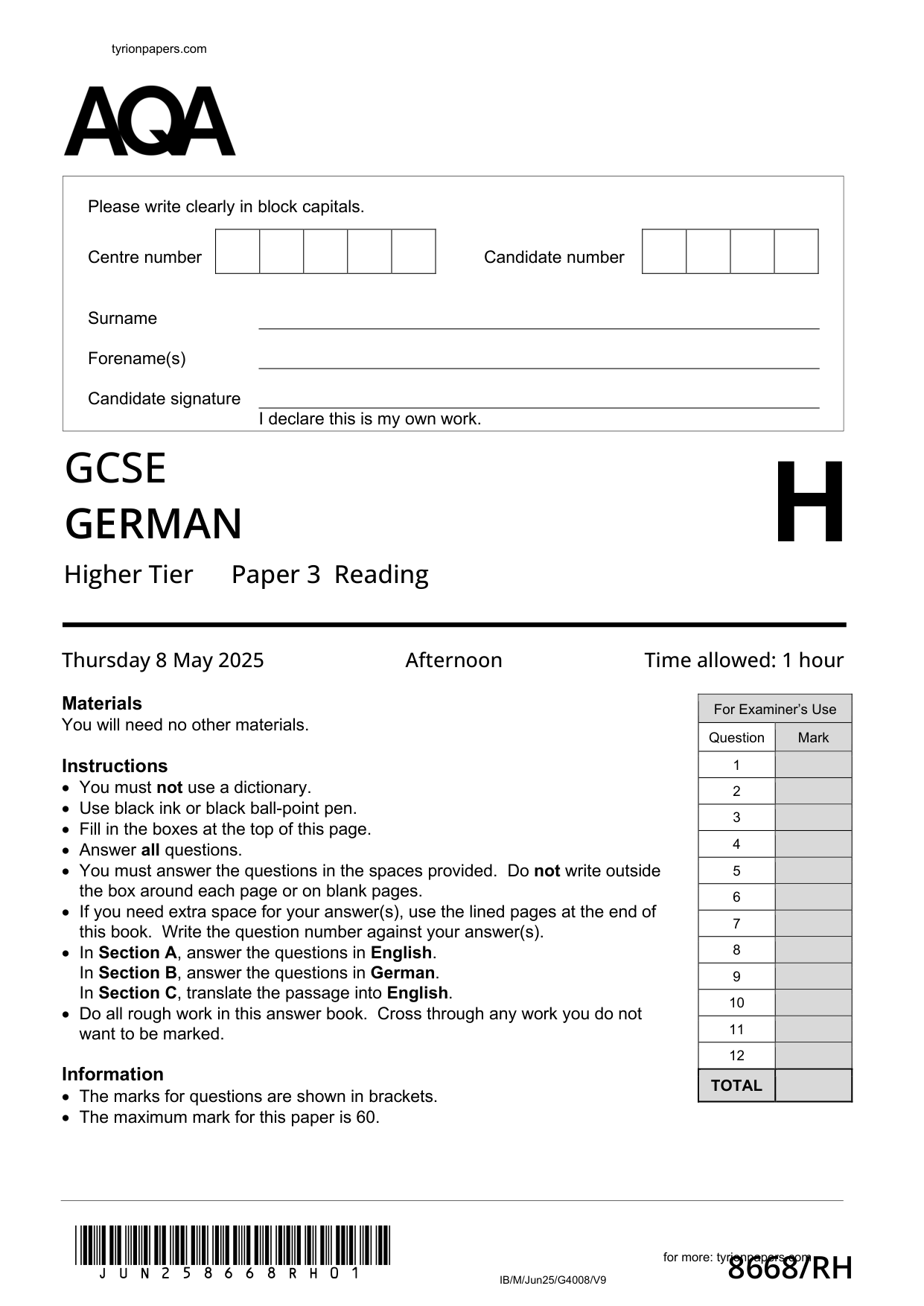 AQA GCSE German Paper 3H 2025 Reading QP