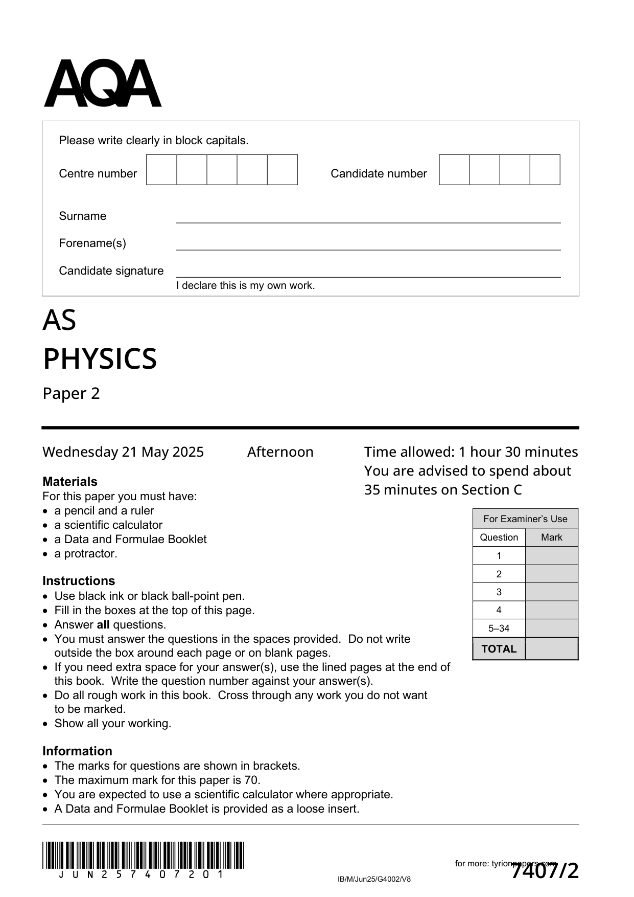 AQA AS Physics Paper 2 2025 Question Paper