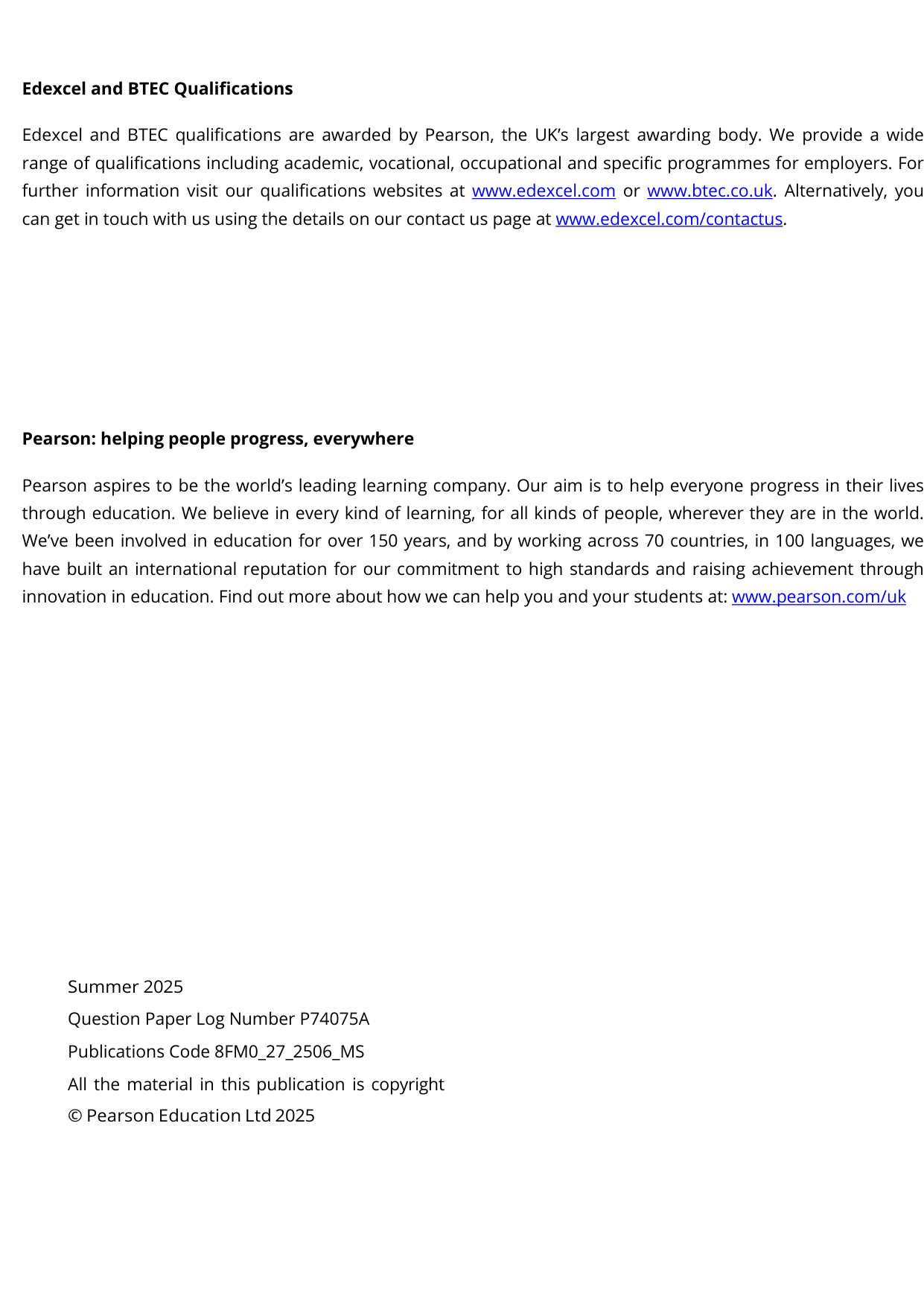 Pearson Edexcel AS Further Mathematics Paper 27 2025 Ms