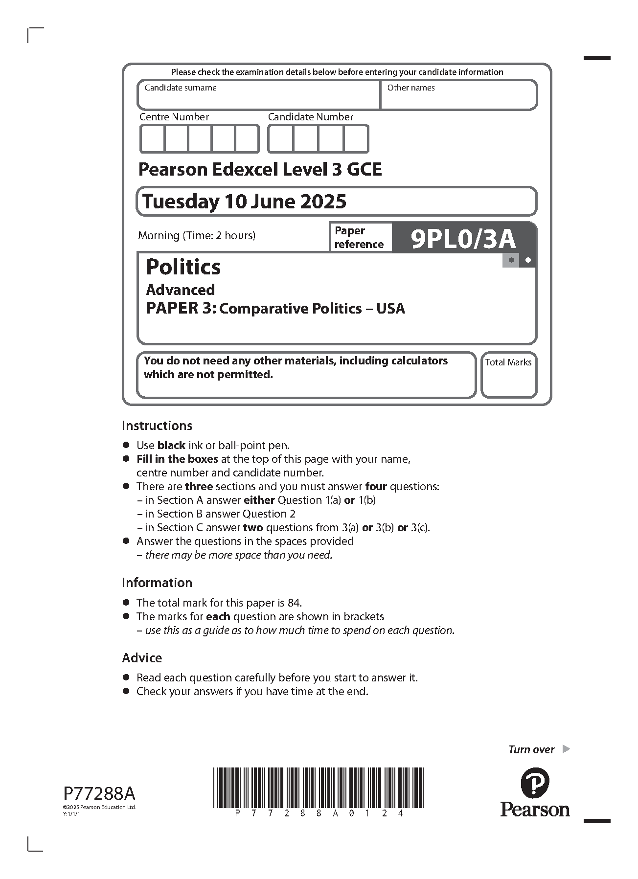 Pearson Edexcel A Level Politics 2025 Paper 3A QP IMG-1