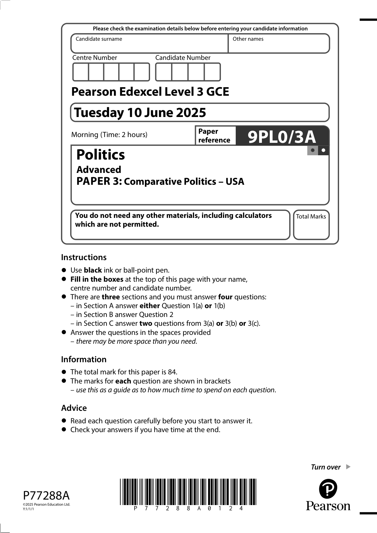 Pearson Edexcel A Level Politics 2025 Paper 3A QP