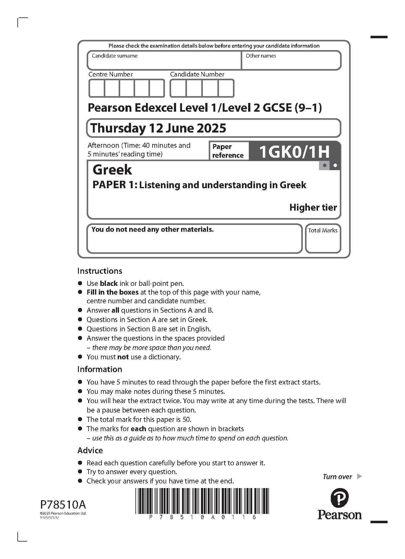Pearson Edexcel GCSE Greek Paper 1H 2025 Question Paper PDF IMG-1