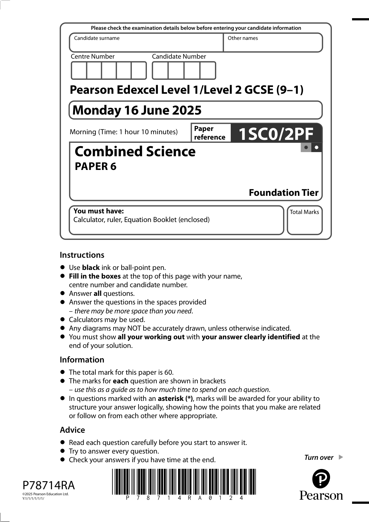 Pearson Edexcel GCSE Combined Science Higher Paper 3 2025 MS